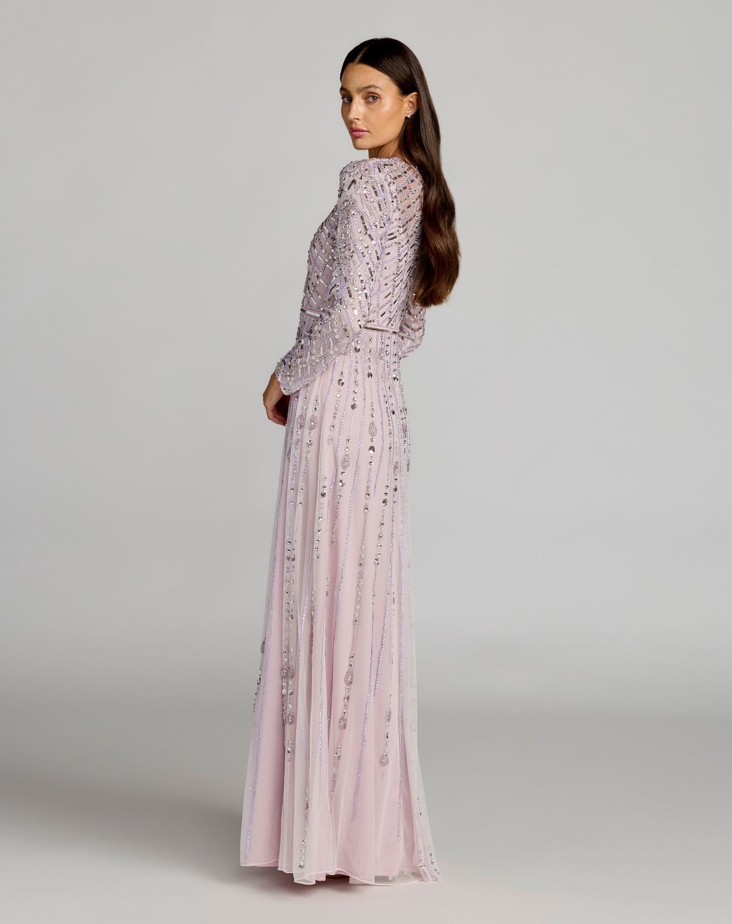 Purple Hand Embellished Long Sleeve A-Line Gown - Mac Duggal