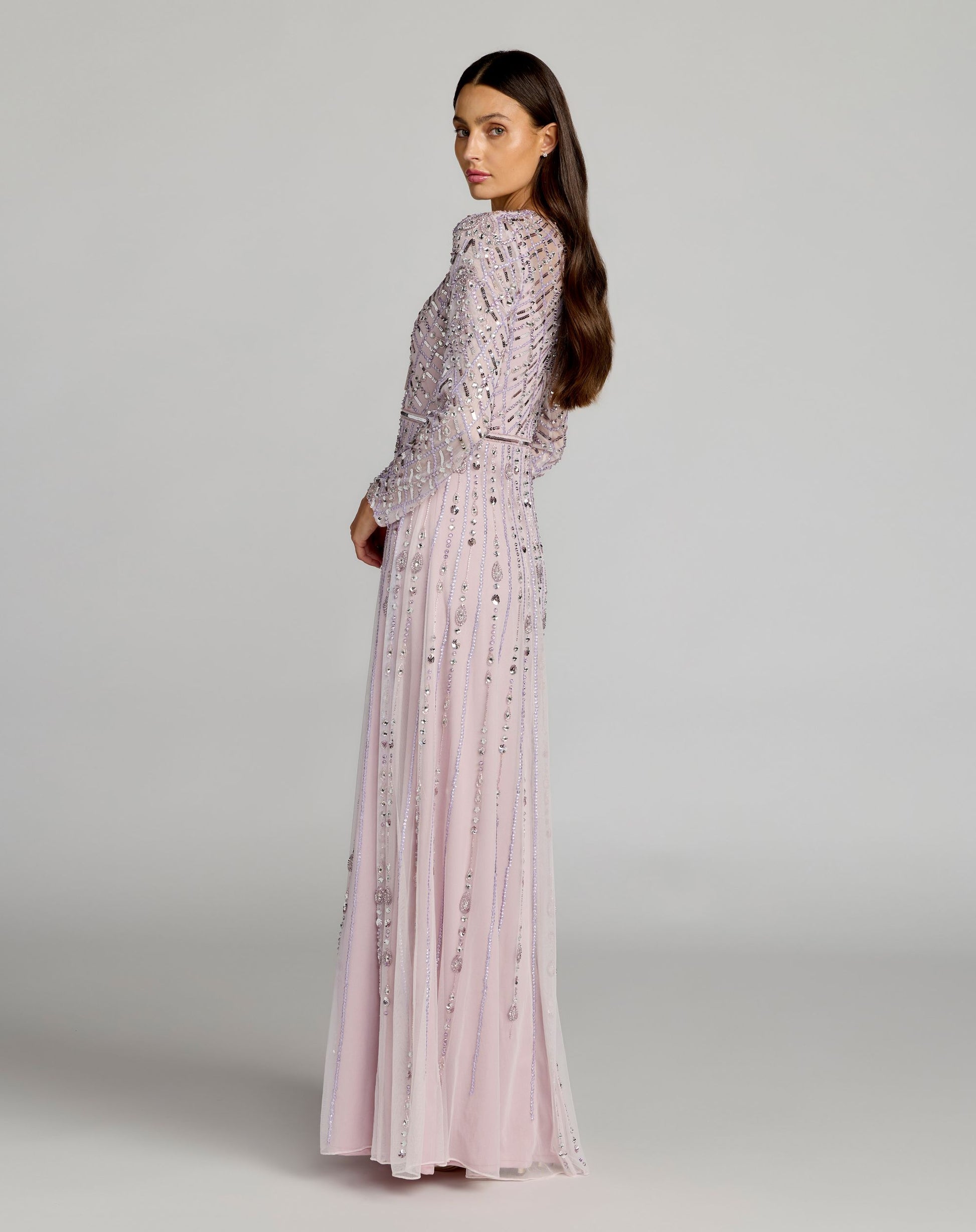Purple Hand Embellished Long Sleeve A-Line Gown - Mac Duggal