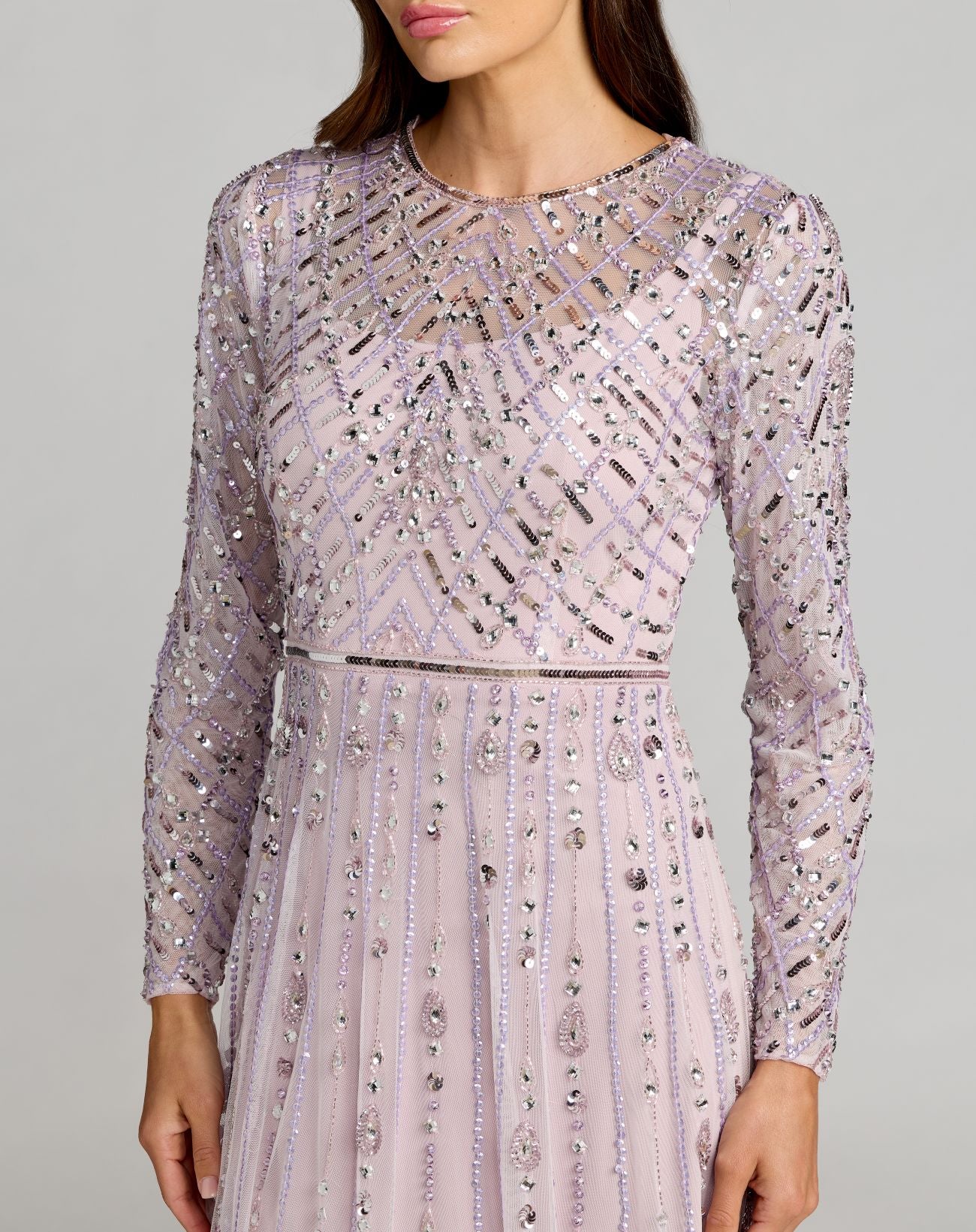 Purple Hand Embellished Long Sleeve A-Line Gown - Mac Duggal