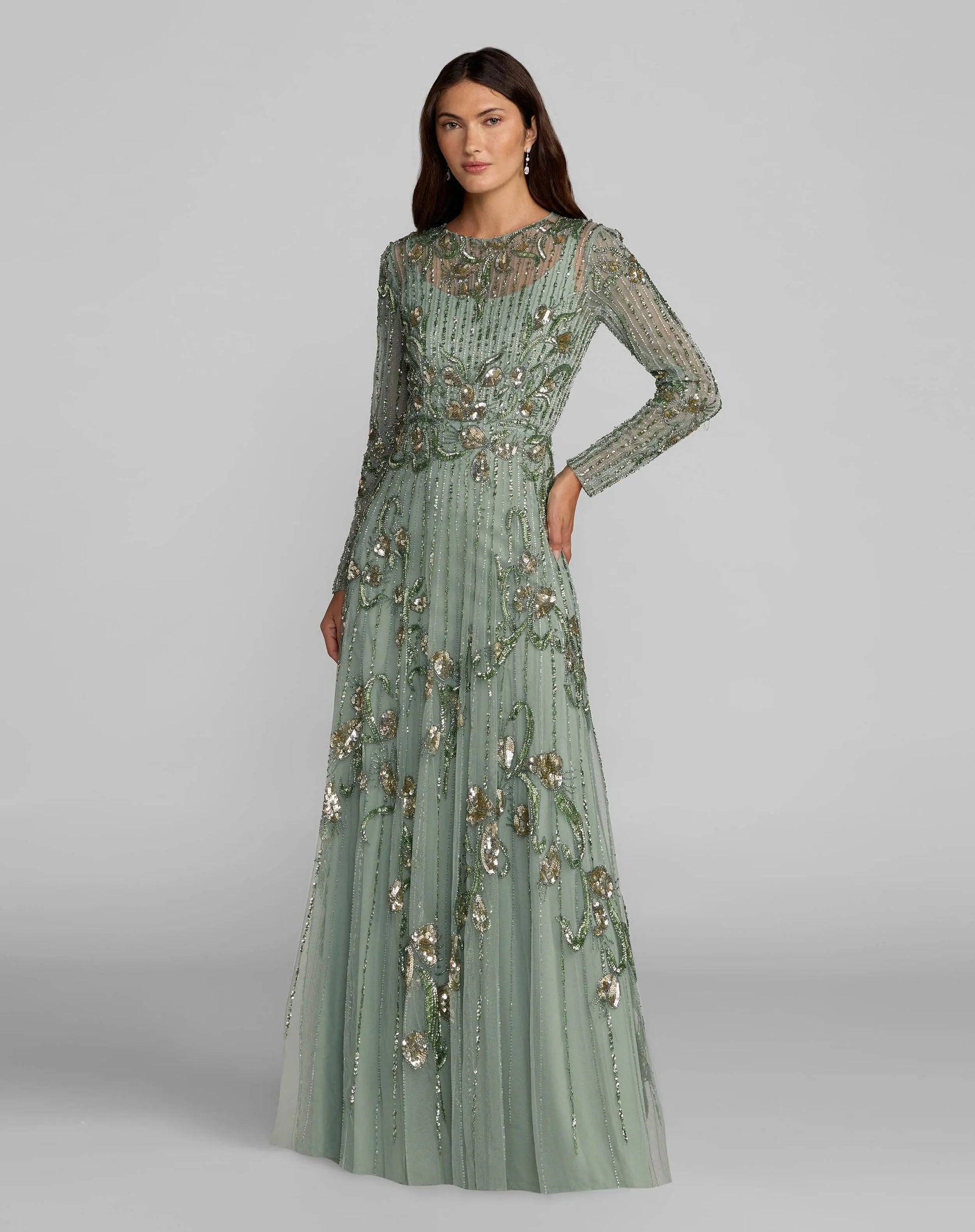 Green Beaded Long Sleeve A Line Gown Mac Duggal
