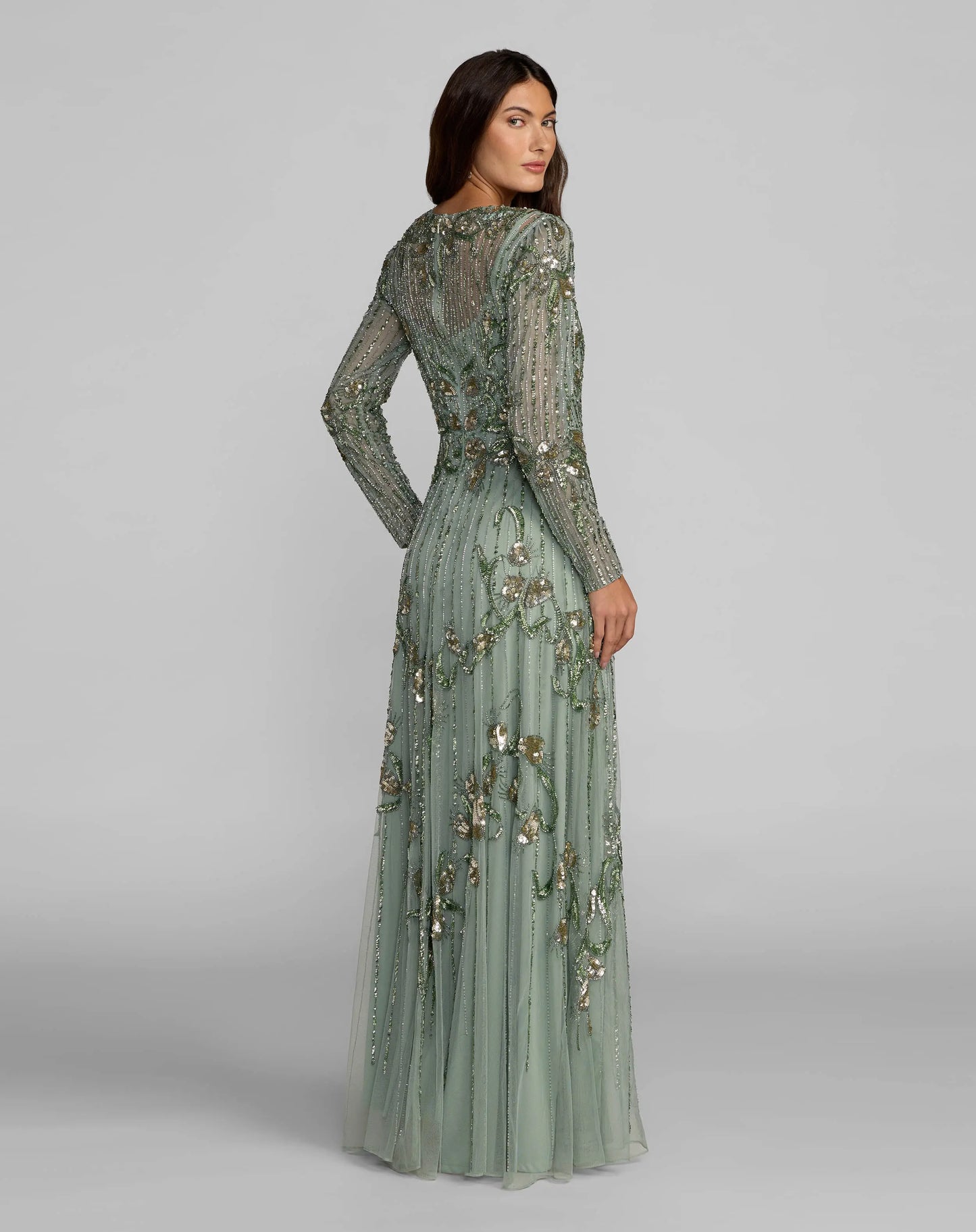 Green Beaded Long Sleeve A Line Gown Mac Duggal