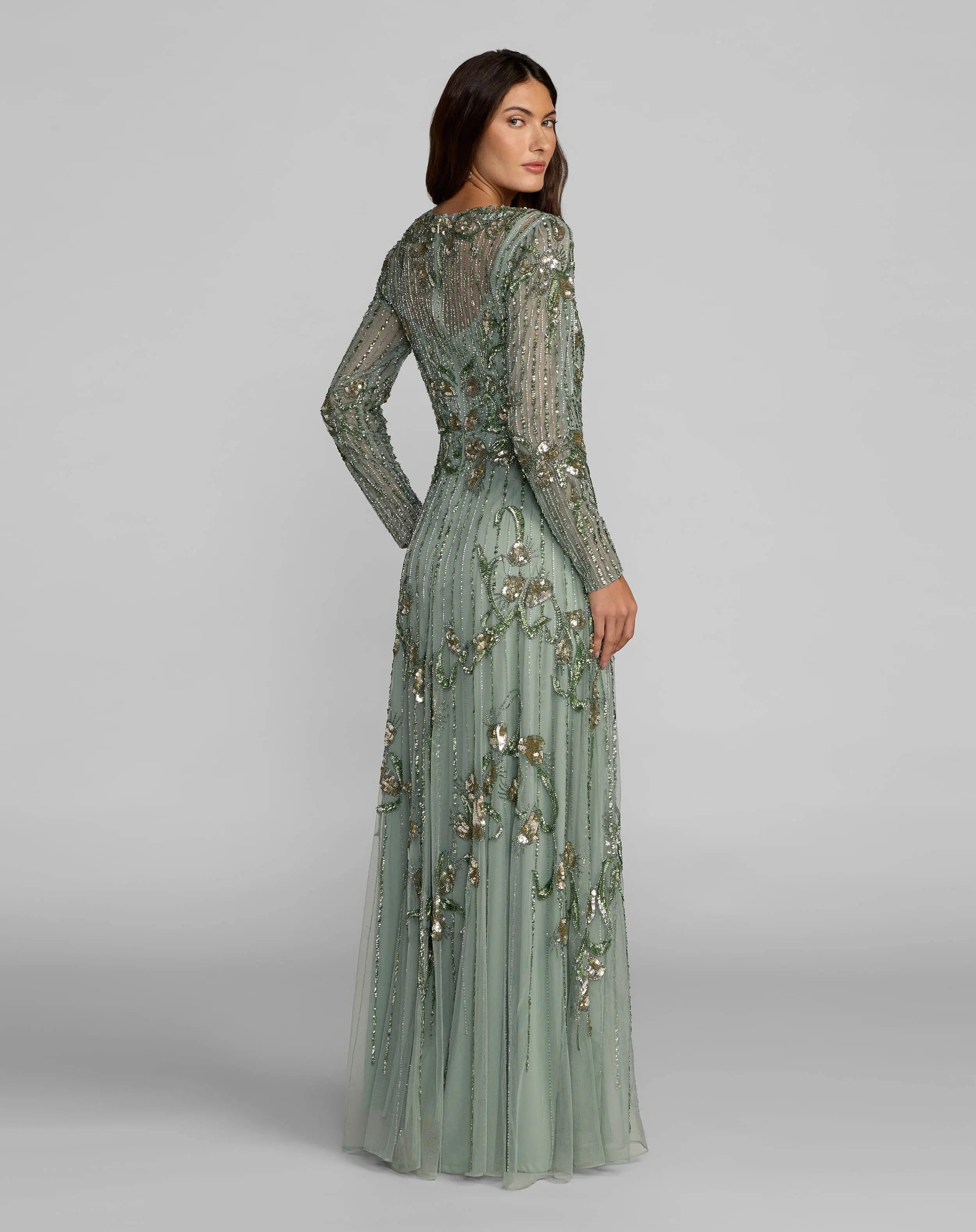 Green Beaded Long Sleeve A Line Gown Mac Duggal