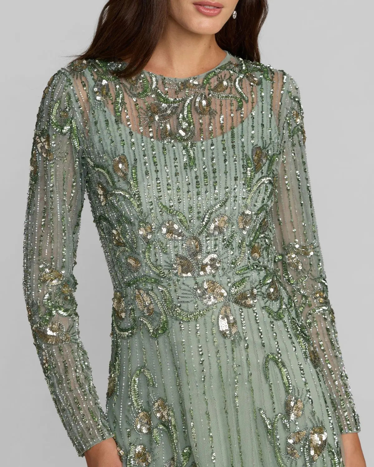 Green Beaded Long Sleeve A Line Gown Mac Duggal