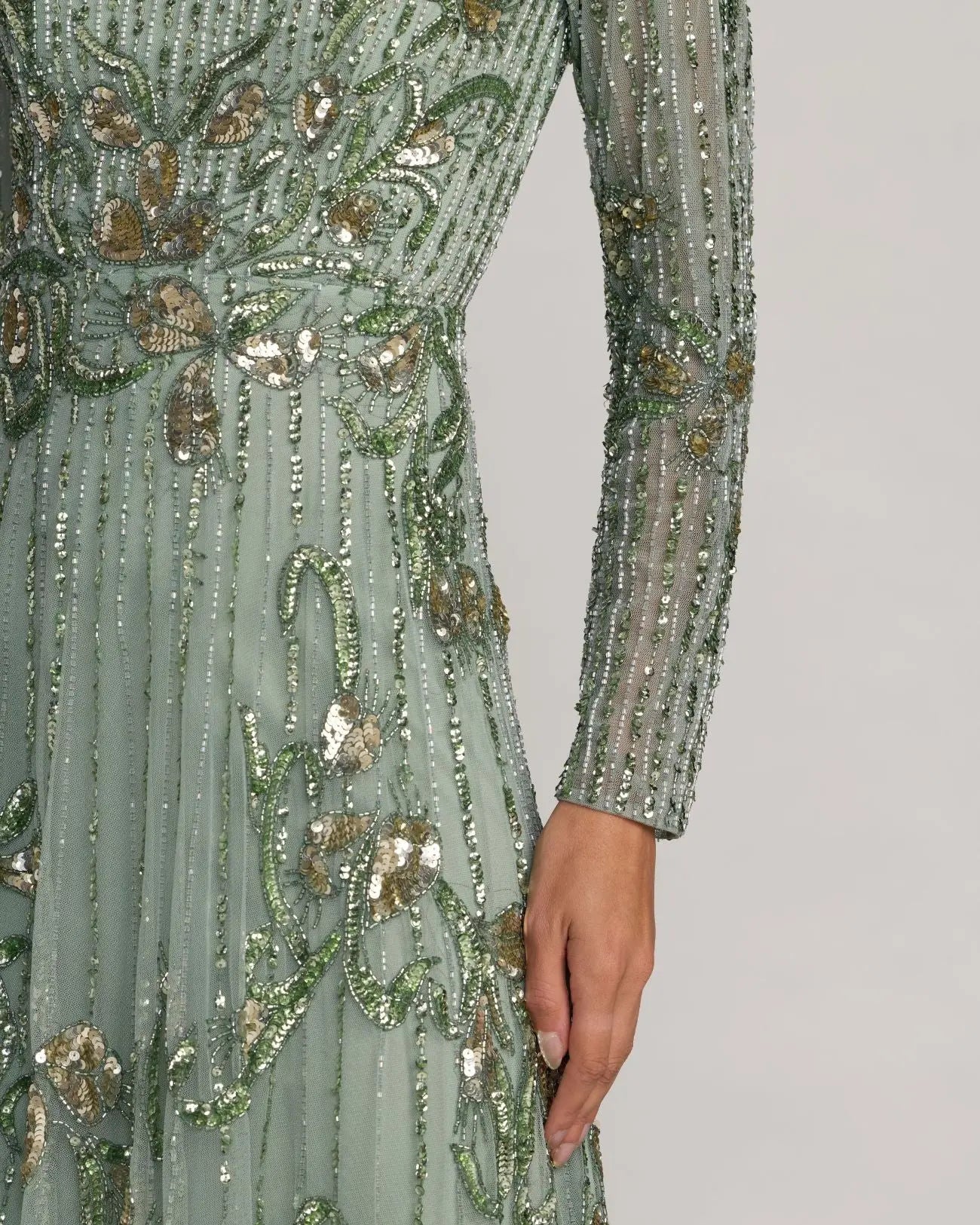 Green Beaded Long Sleeve A Line Gown