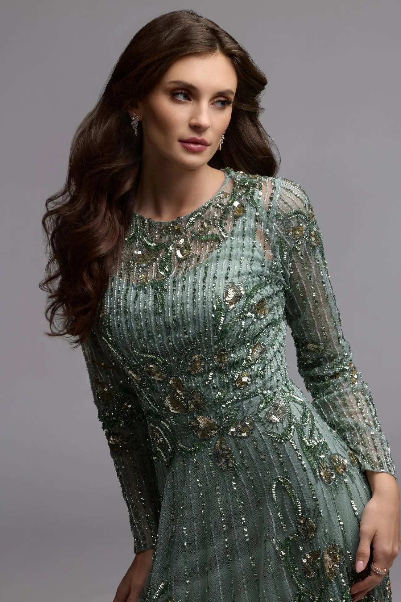 Green Beaded Long Sleeve A Line Gown Mac Duggal