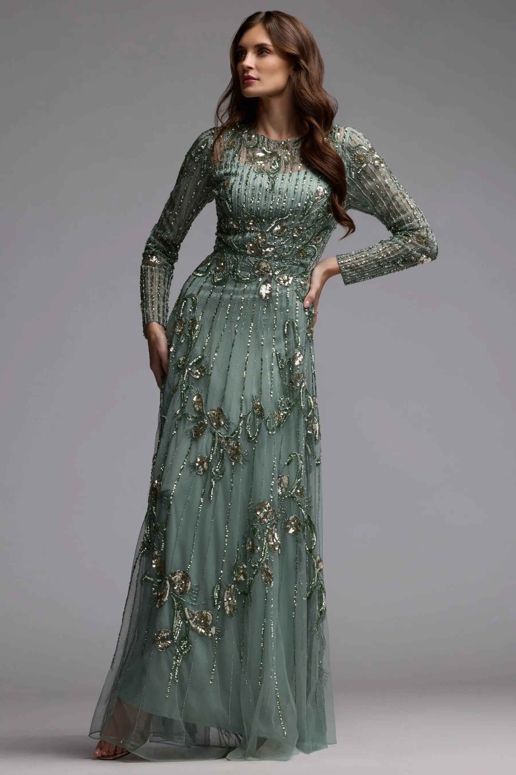 Green Beaded Long Sleeve A Line Gown Mac Duggal