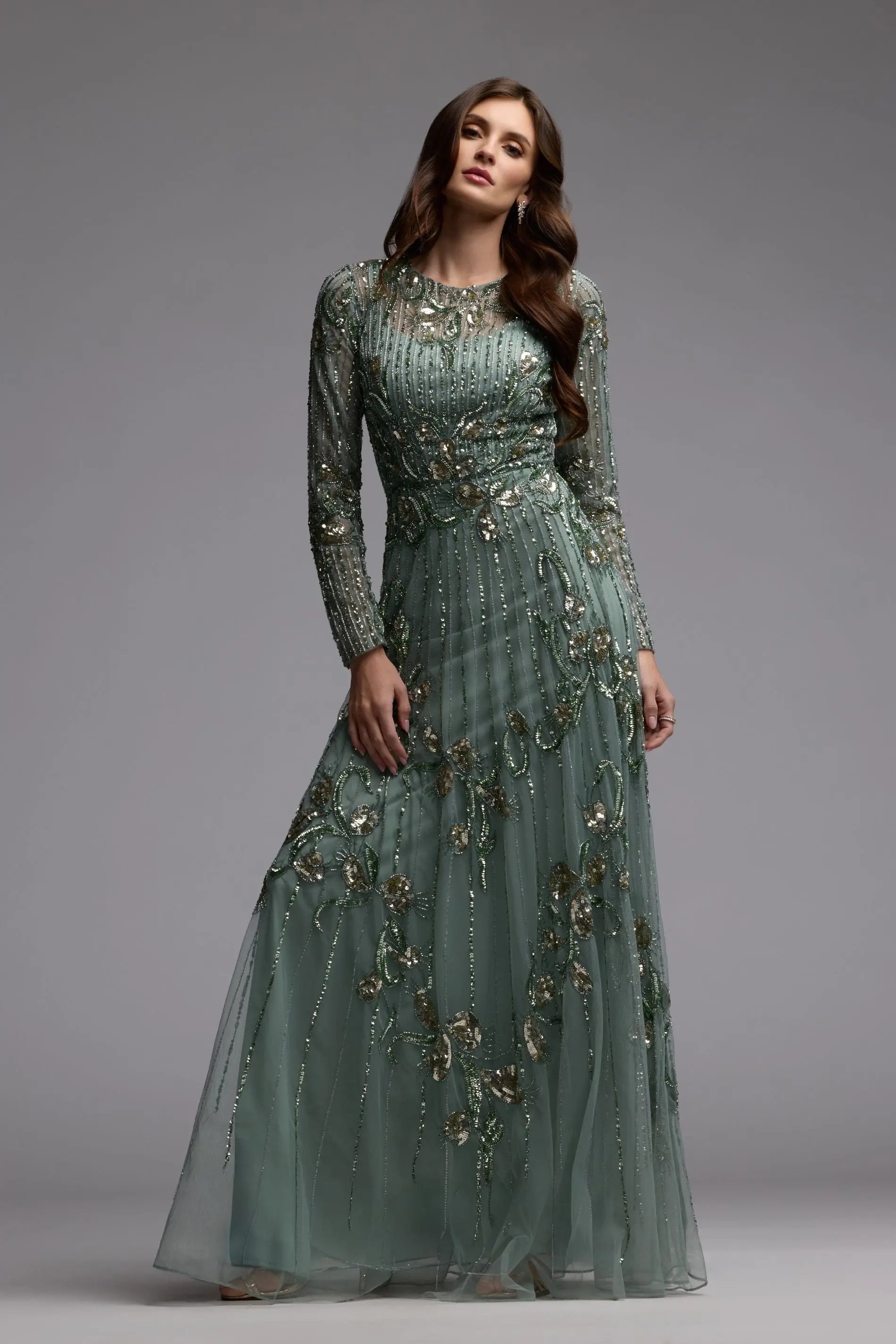 mac duggal green beaded dress Green Embellished High Neck Long Sleeve A Line Gown