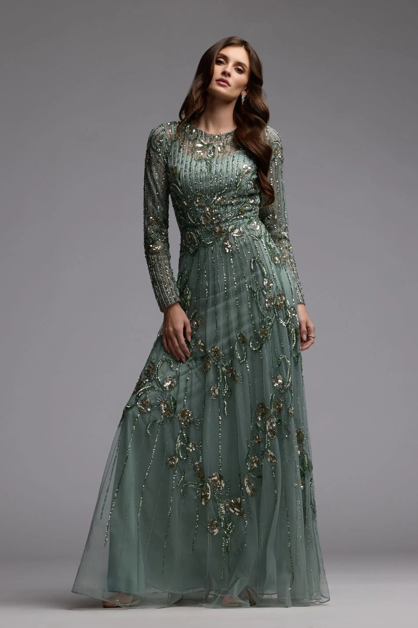 Green Beaded Long Sleeve A Line Gown Mac Duggal