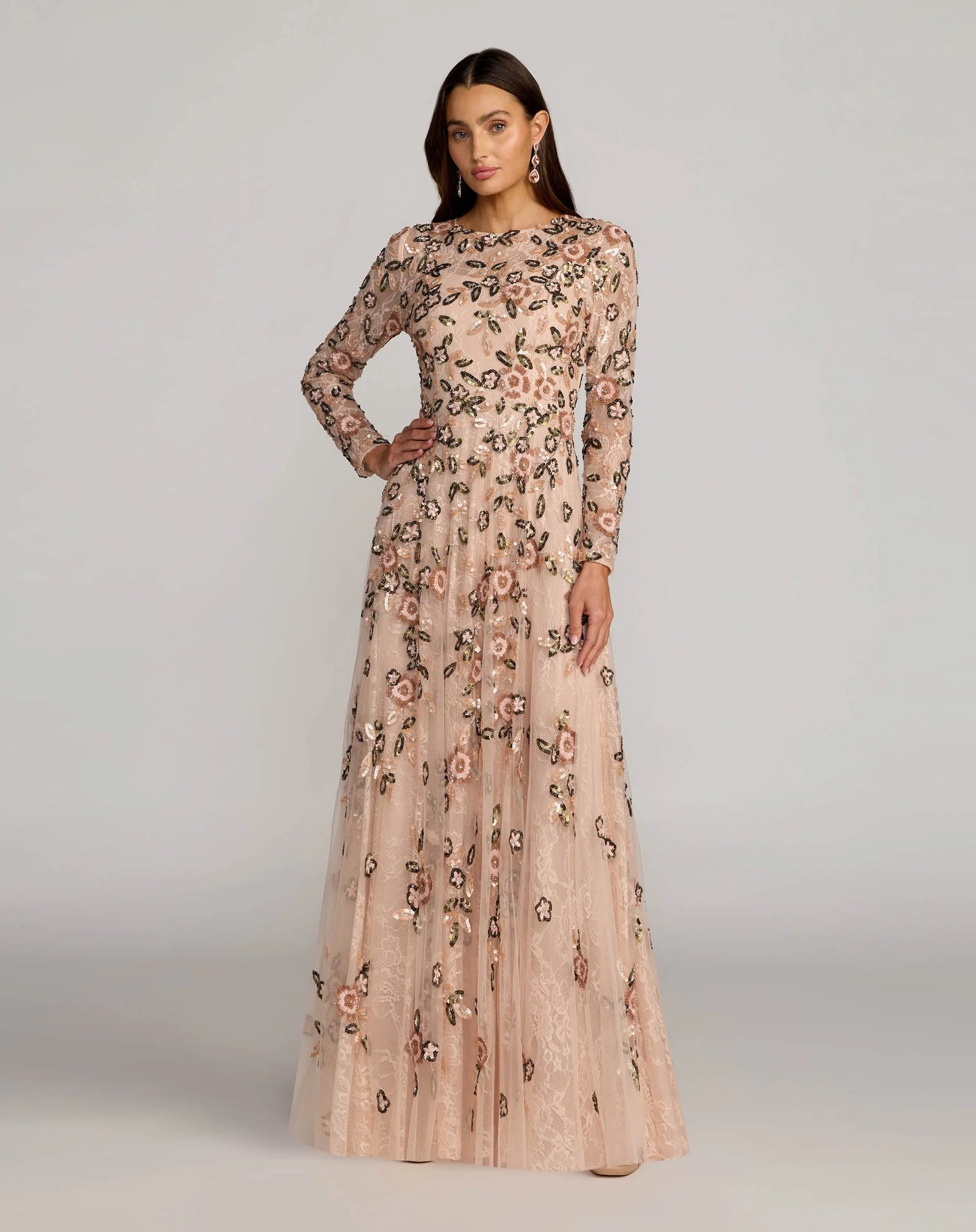 Pink Embellished Lace Floral Long Sleeve A-Line Gown - Mac Duggal