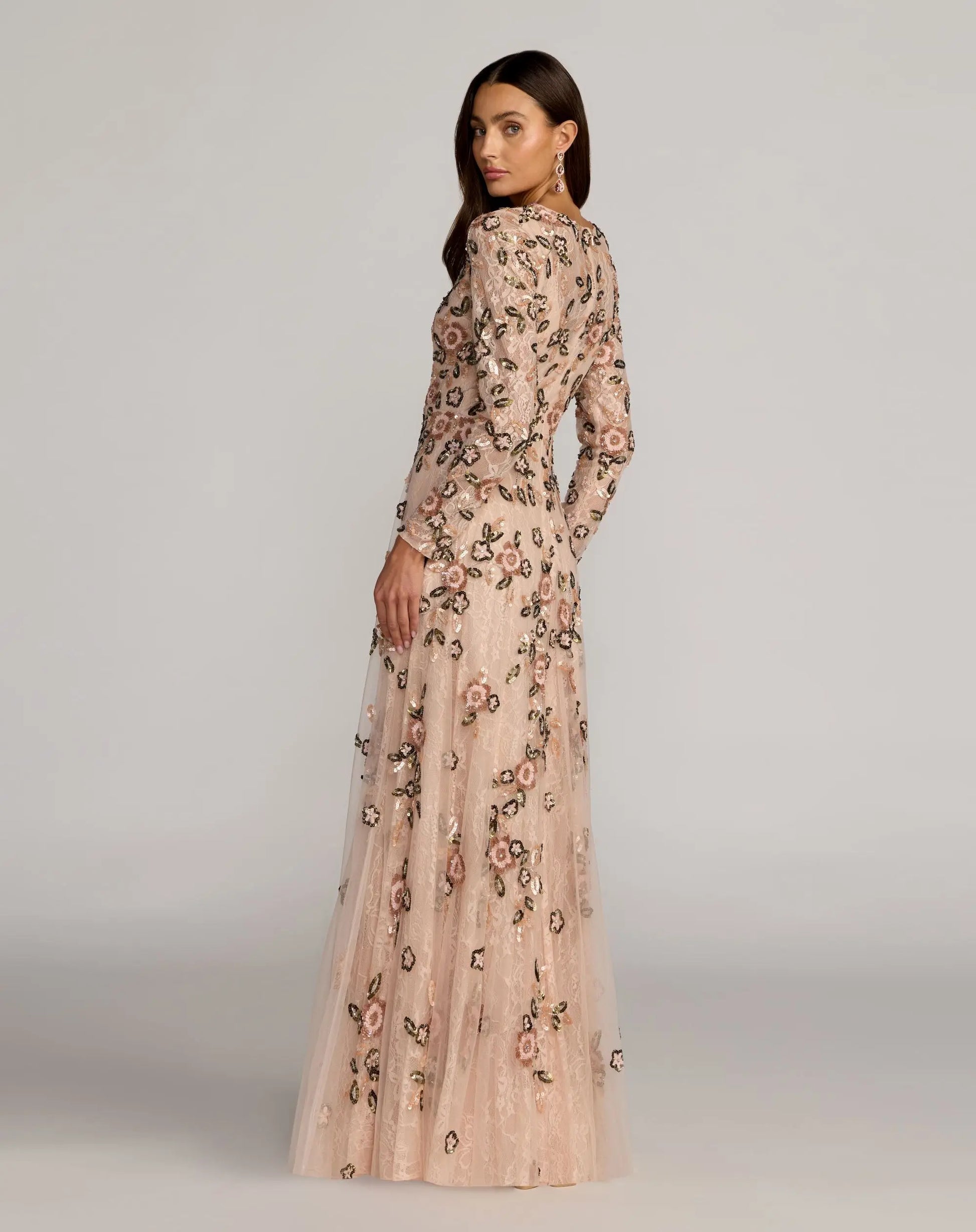 Pink Embellished Lace Floral Long Sleeve A-Line Gown - Mac Duggal