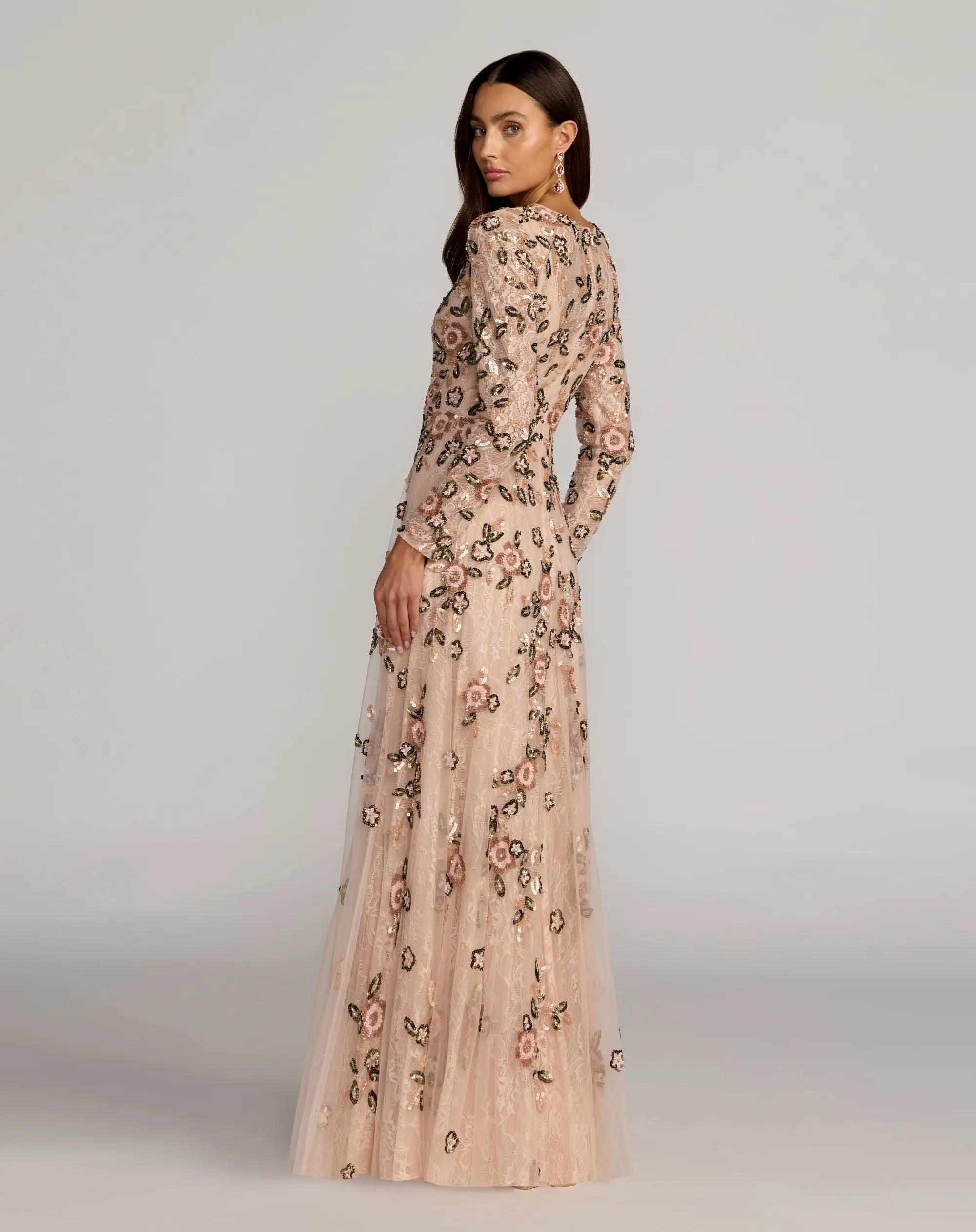 Pink Embellished Lace Floral Long Sleeve A-Line Gown - Mac Duggal