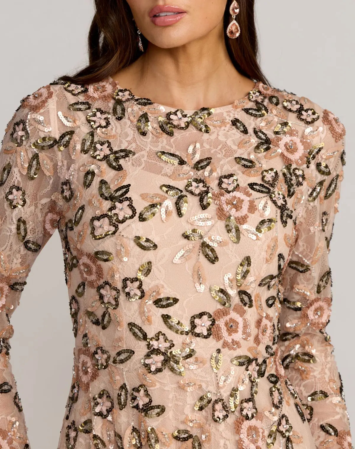 Pink Embellished Lace Floral Long Sleeve A-Line Gown - Mac Duggal