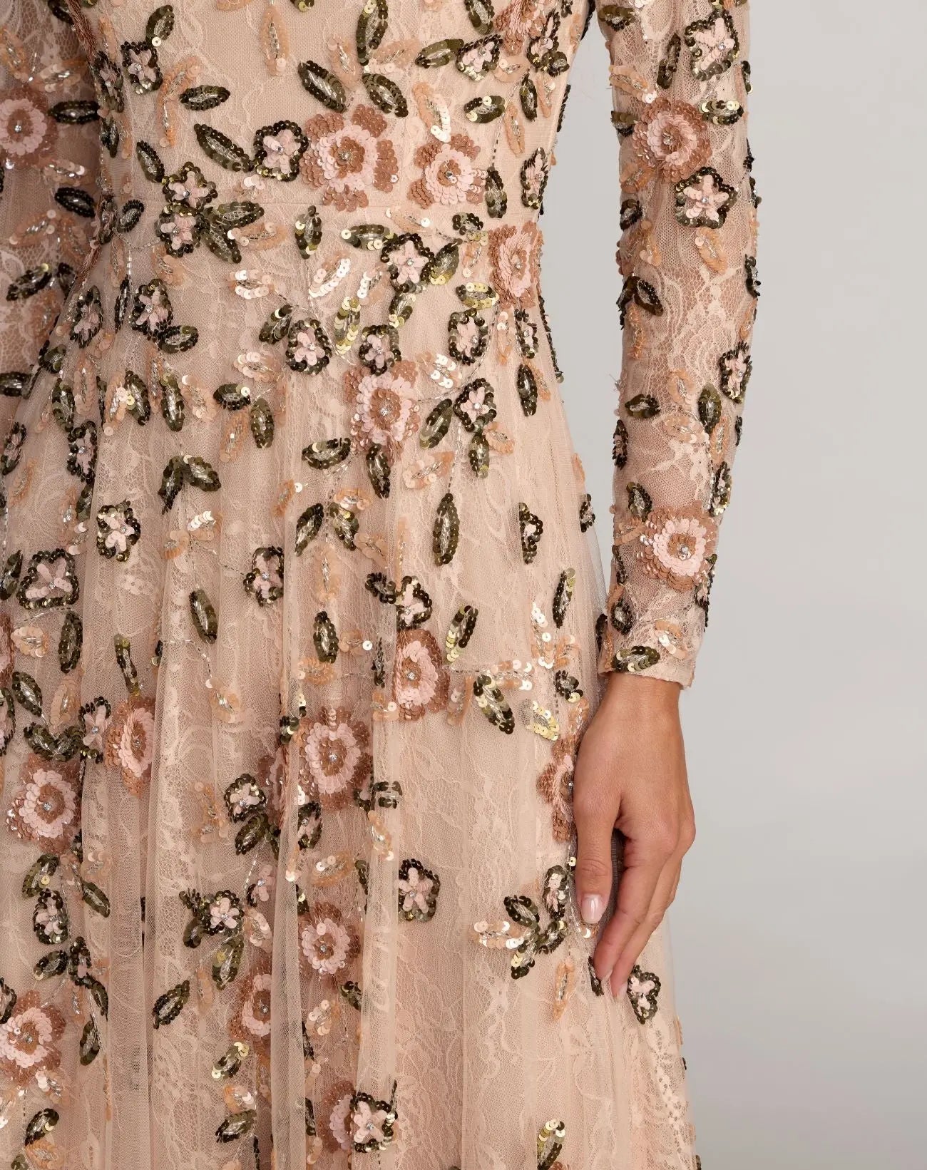 Pink Embellished Lace Floral Long Sleeve A-Line Gown - Mac Duggal