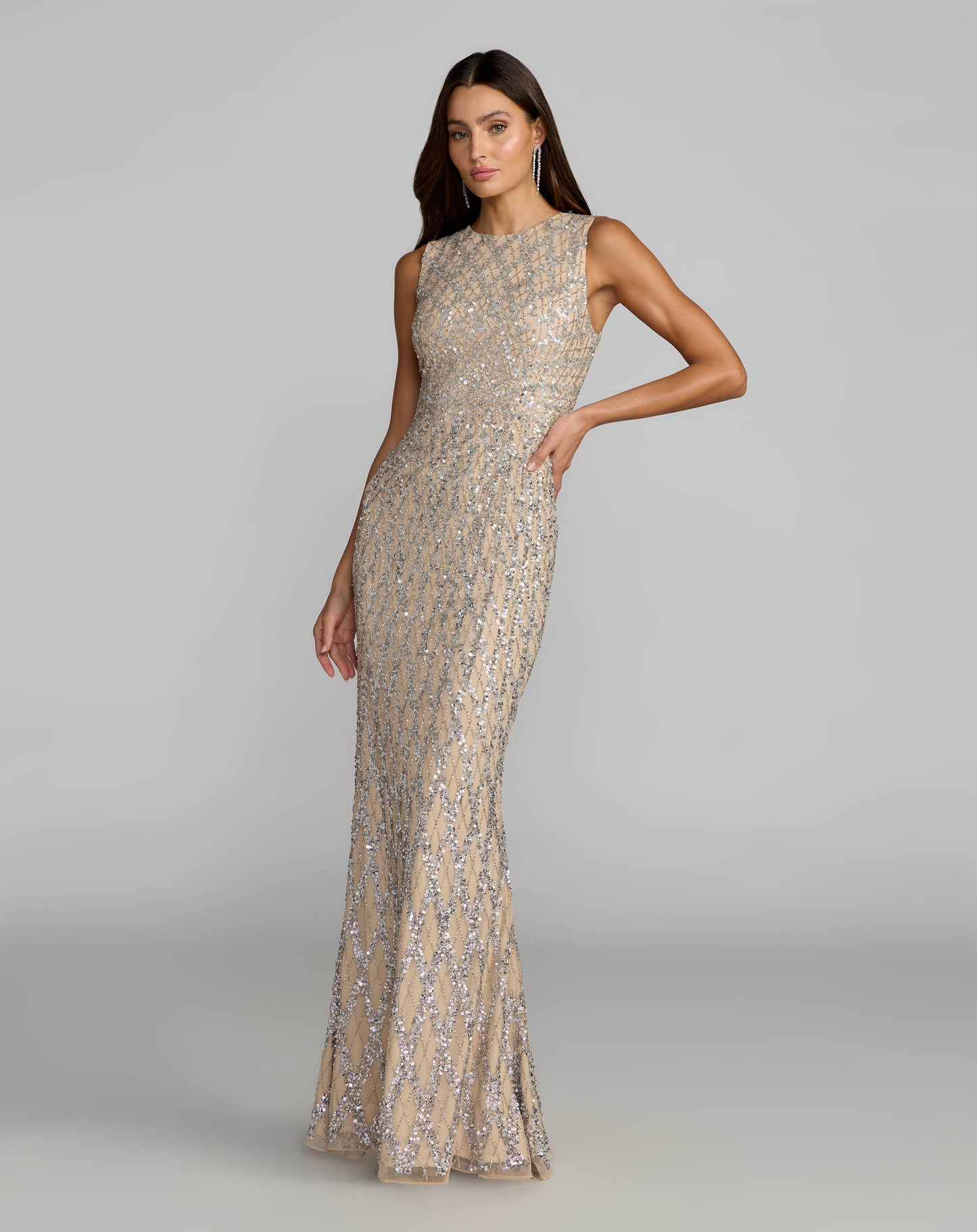 Nude Beaded Sleeveless Column Gown Mac Duggal