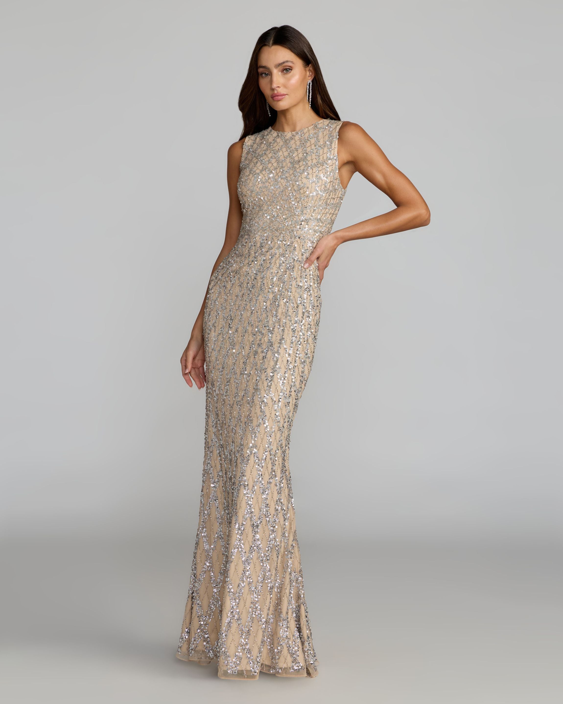 Nude Beaded Sleeveless Column Gown Mac Duggal