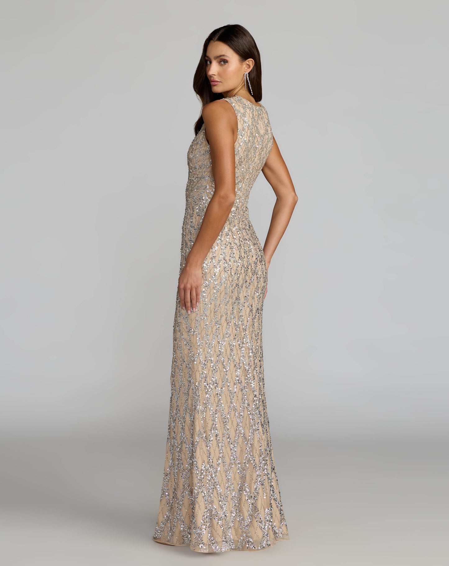 Nude Beaded Sleeveless Column Gown Mac Duggal