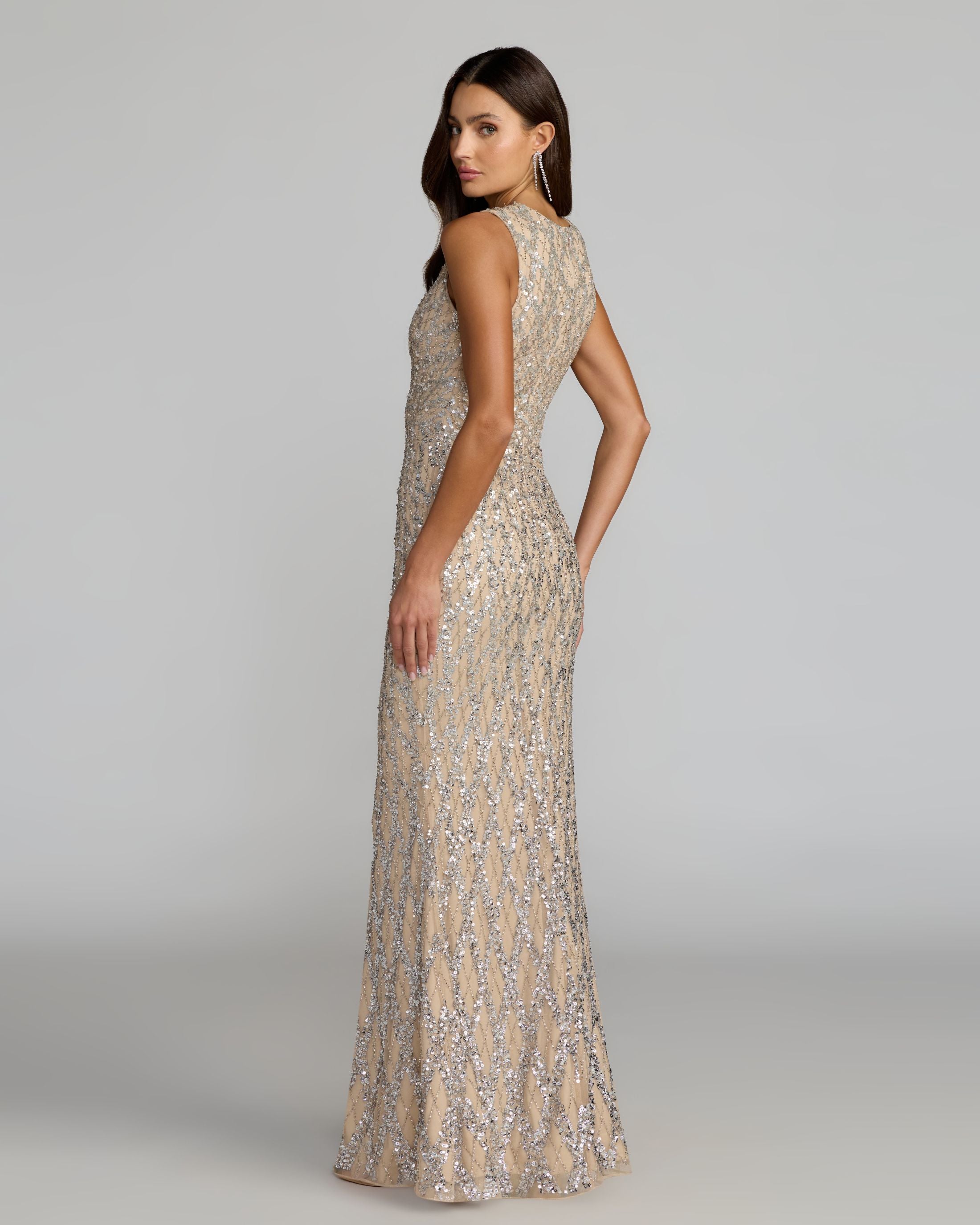 Nude Beaded Sleeveless Column Gown Mac Duggal