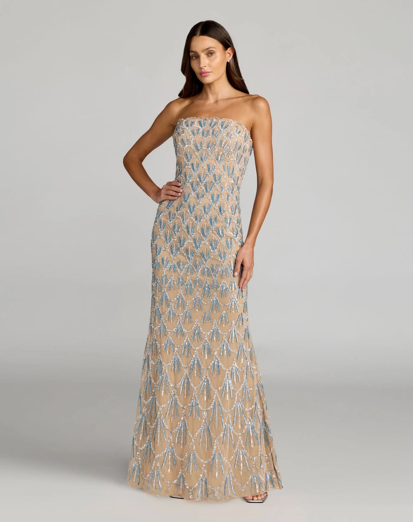 Beige Hand Embellished Strapless Evening Gown - Mac Duggal 