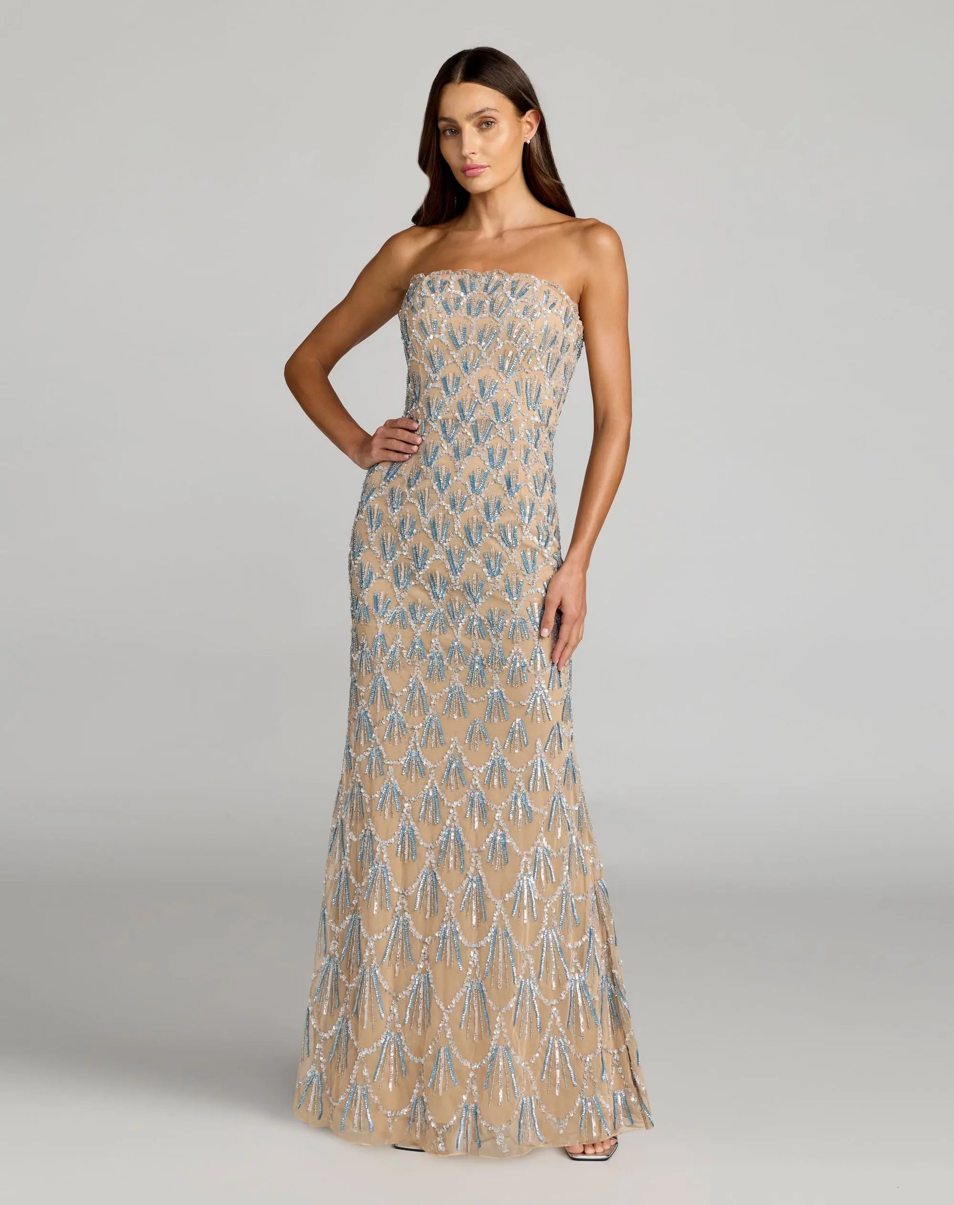 Beige Hand Embellished Strapless Evening Gown - Mac Duggal 