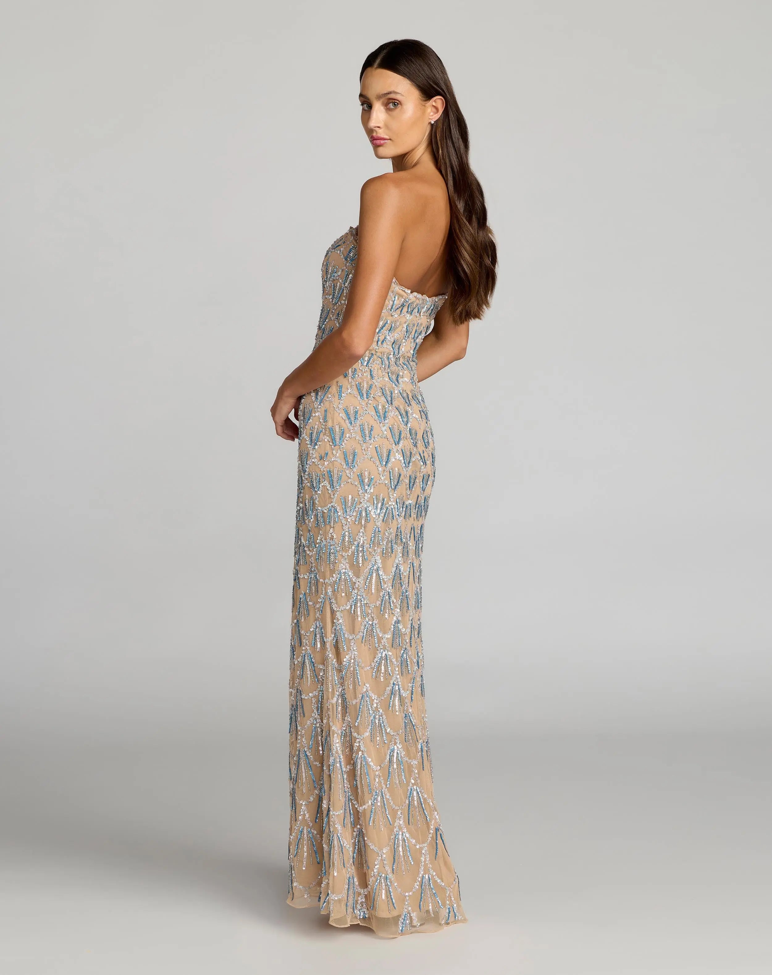Beige Hand Embellished Strapless Evening Gown - Mac Duggal 