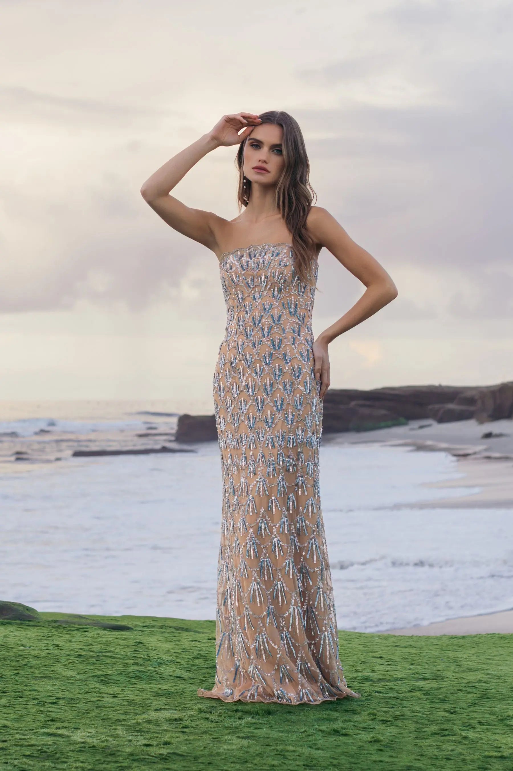 blue dress for baby girl Beige Hand Embellished Strapless Evening Gown
