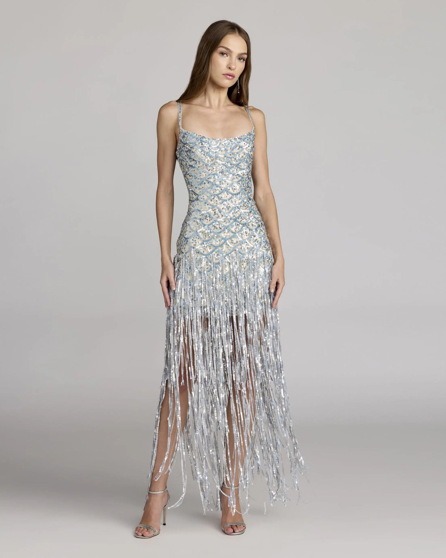 fringe midi dress Blue Silver Sequin Fringe Midi Dress