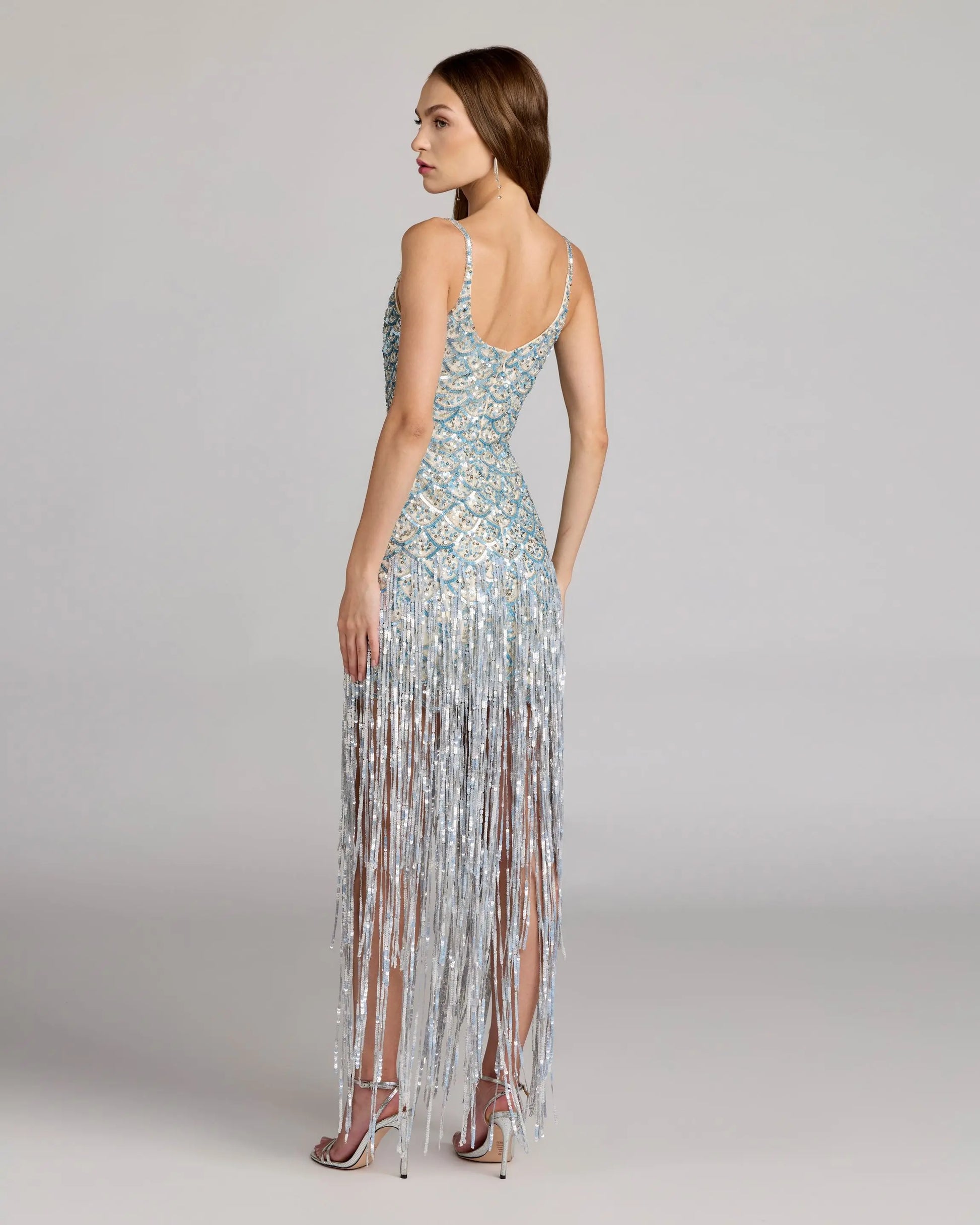 Blue Silver Sequin Fringe Midi Dress Mac Duggal