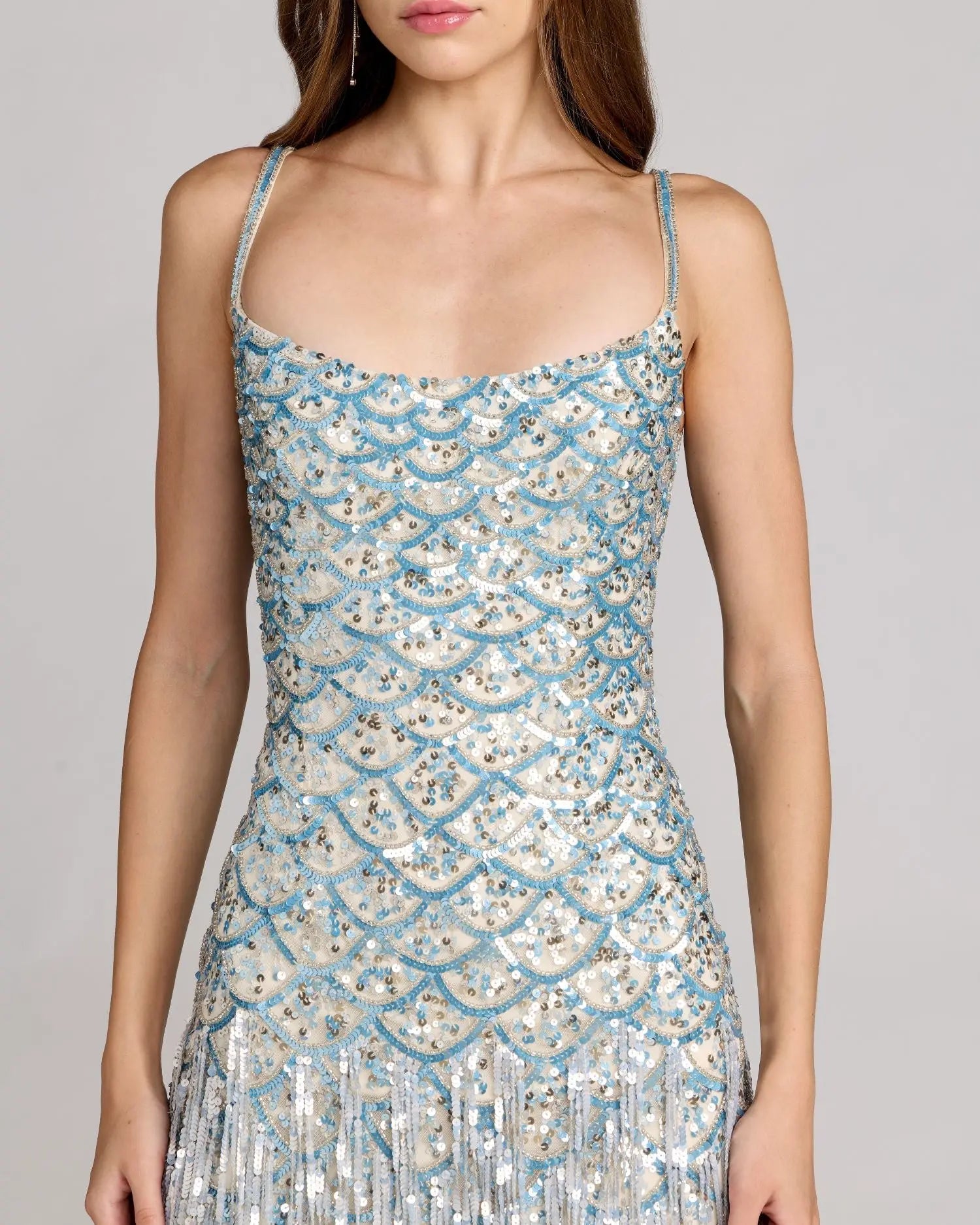 Blue Silver Sequin Fringe Midi Dress