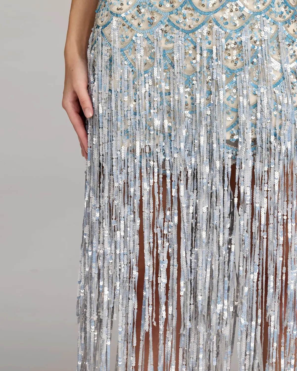 Blue Silver Sequin Fringe Midi Dress Mac Duggal