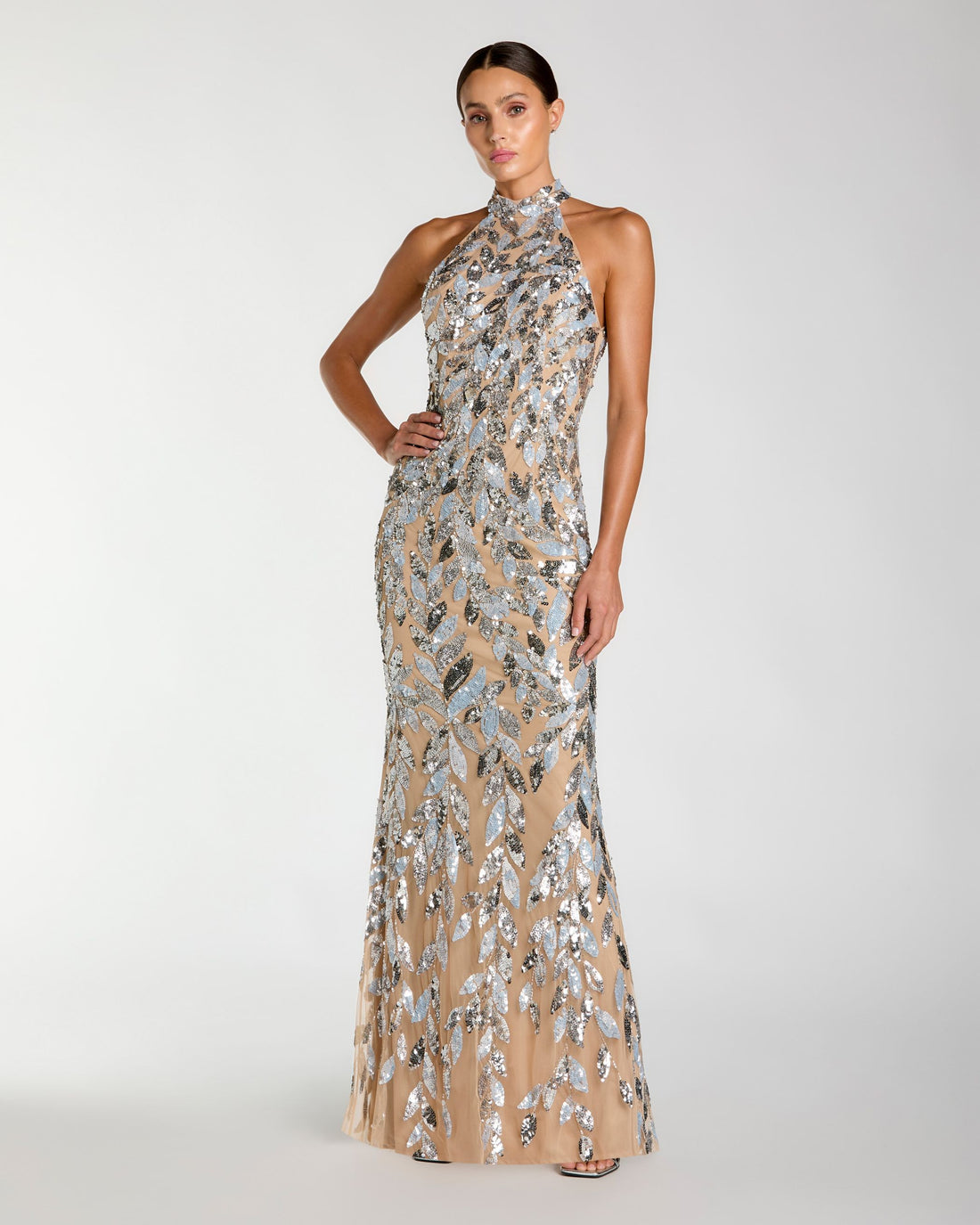 Silver Sequin Halter Column Gown with Open Back