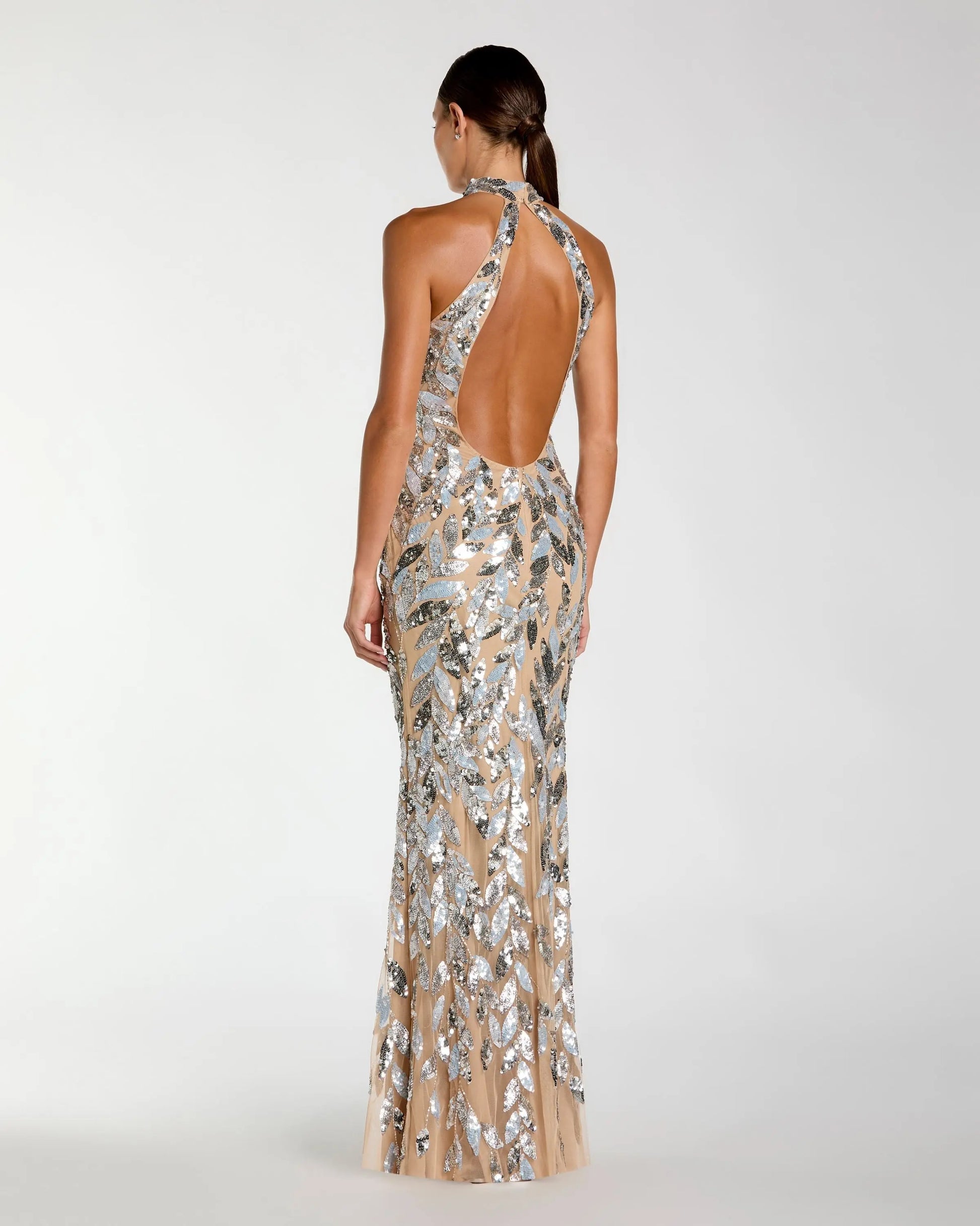 Silver Sequin Halter Column Gown with Open Back | Mac Duggal Silver Sequin Halter Column Gown with Open Back | Mac Duggal