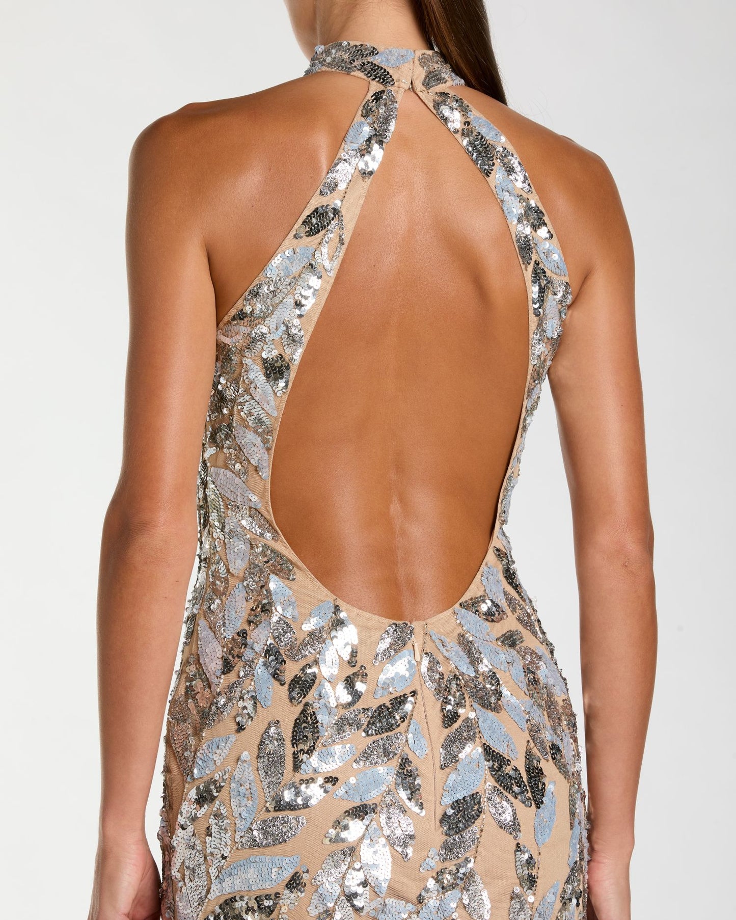 Silver Sequin Halter Column Gown with Open Back