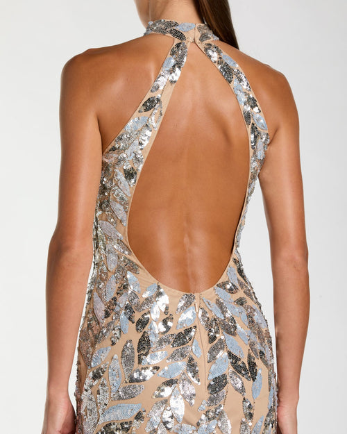 Silver Sequin Halter Backless Column Gown