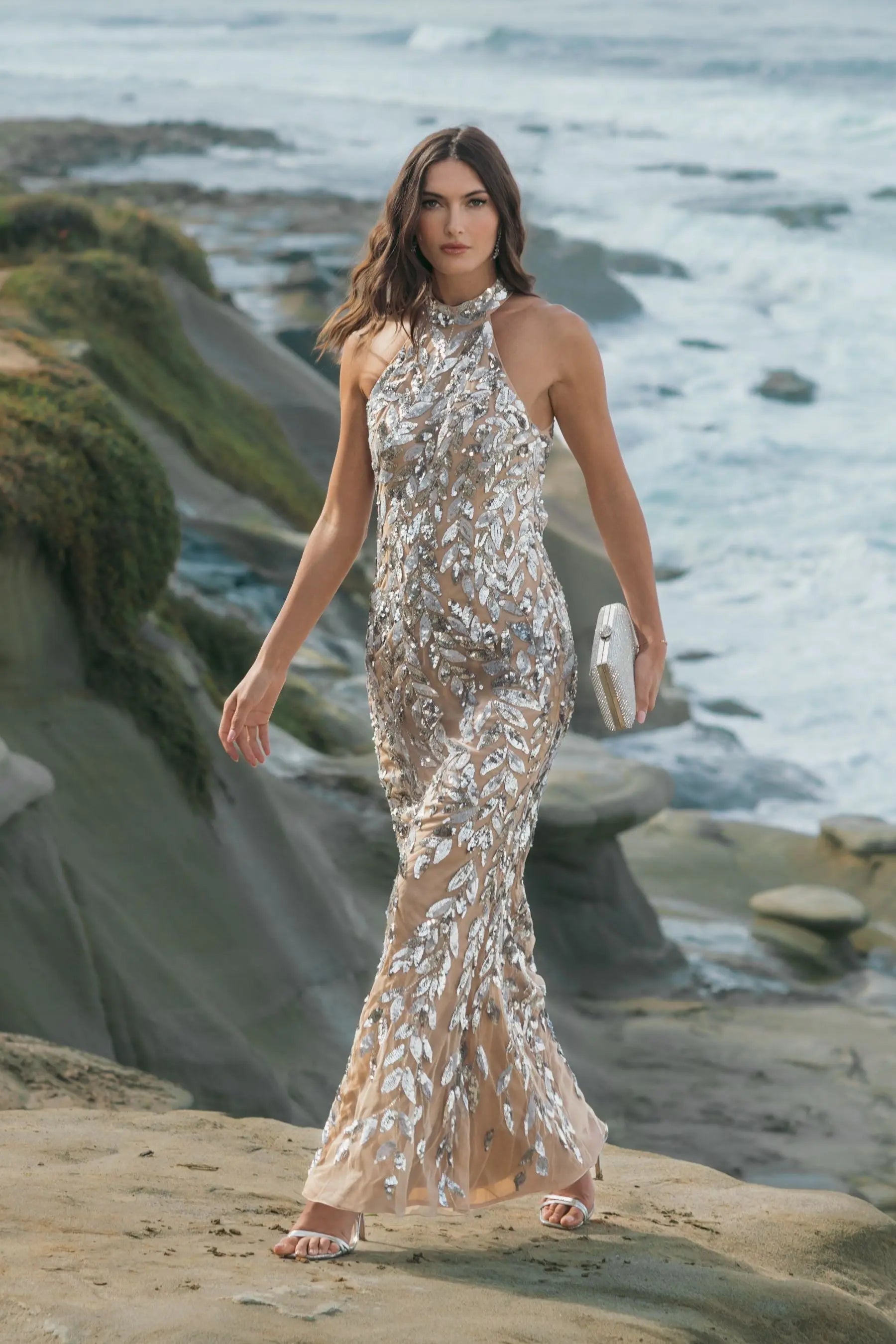 Silver Sequin Halter Column Gown with Open Back