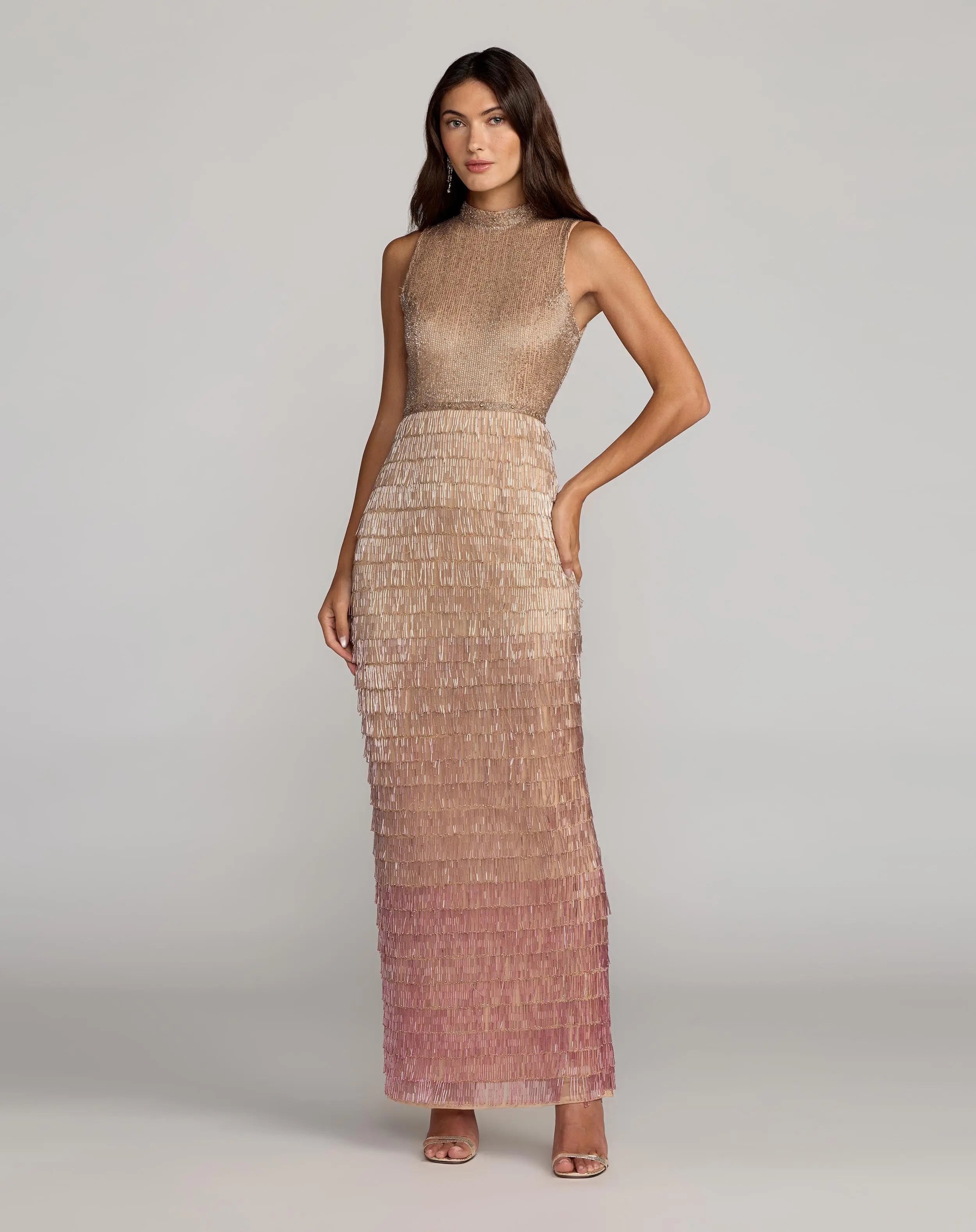 Beige Mock Neck Sleeveless Beaded Fringe Gown - Mac Duggal