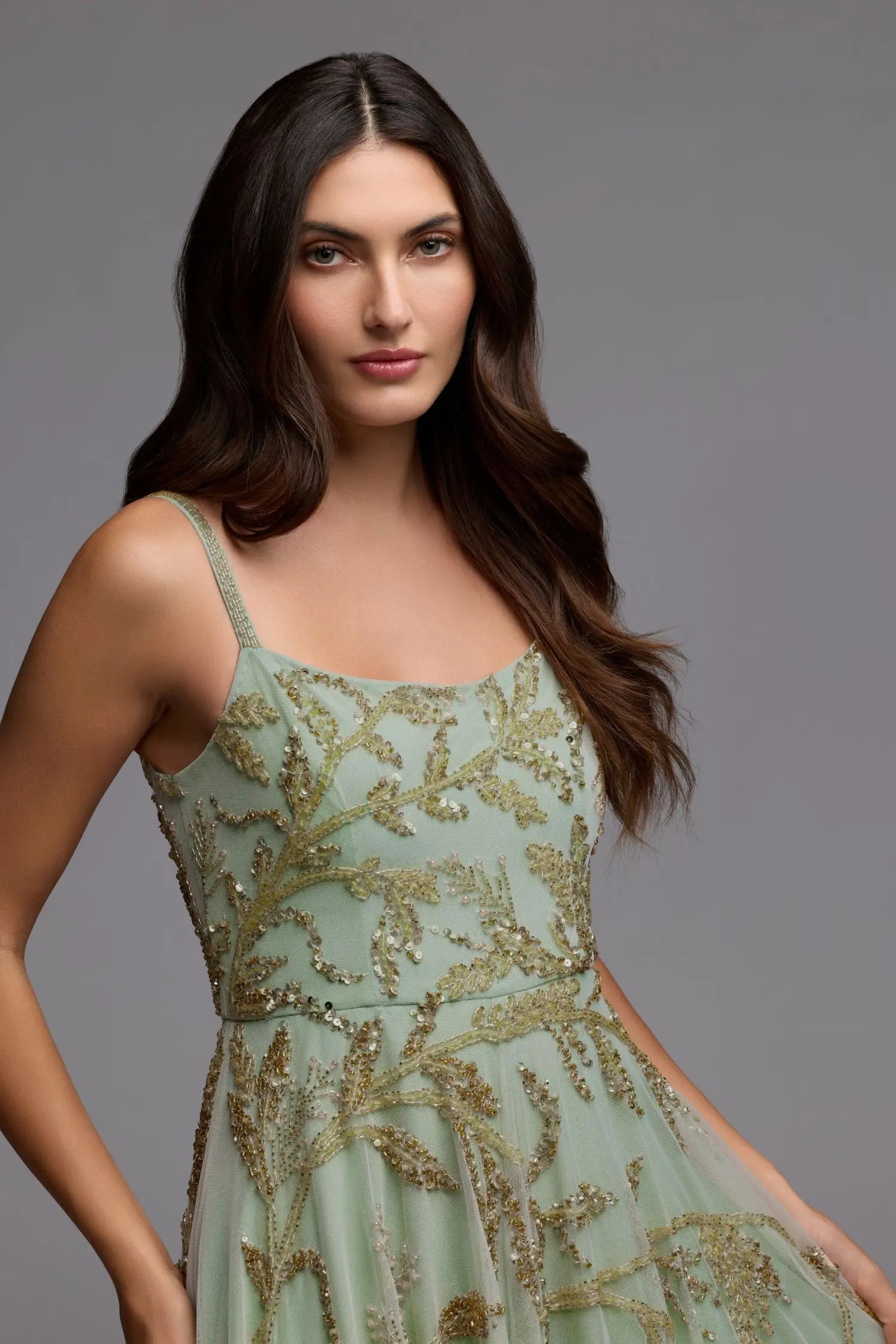 mac duggal sleeveless hand beaded floral midi dress Green and Gold Floral Hand Beaded Midi Dress