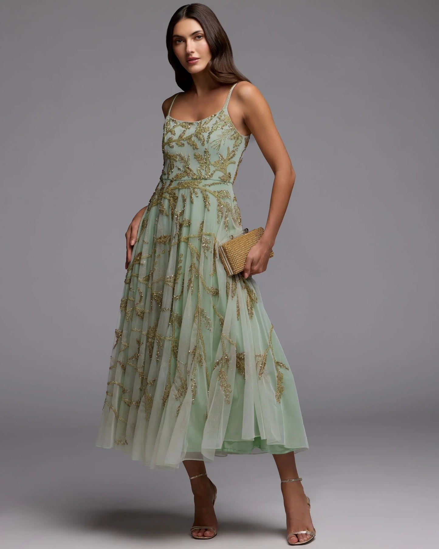 Green and Gold Floral Hand Beaded Midi Dress Mac Duggal