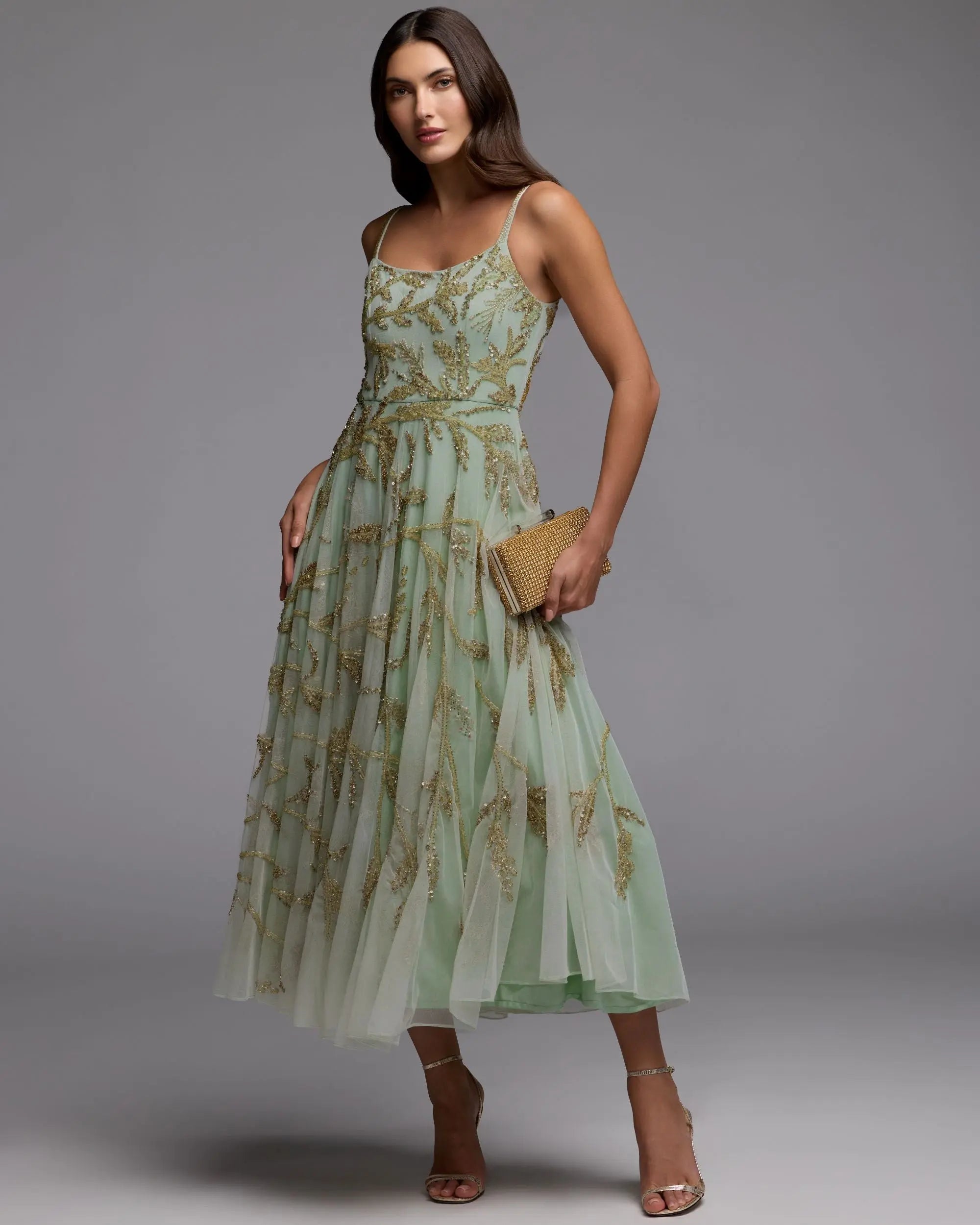 Green and Gold Floral Hand Beaded Midi Dress Mac Duggal