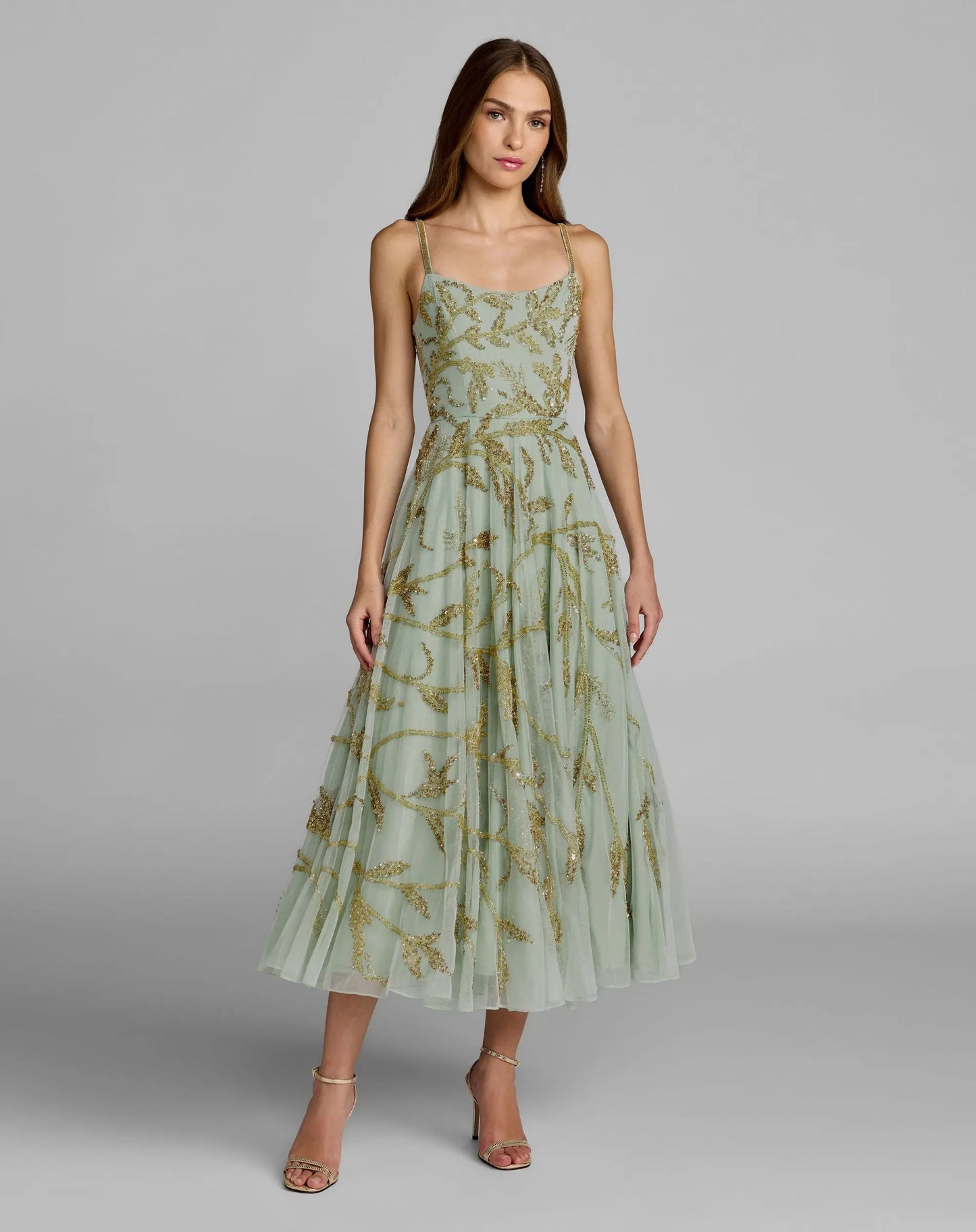 Green and Gold Floral Hand Beaded Midi Dress Mac Duggal