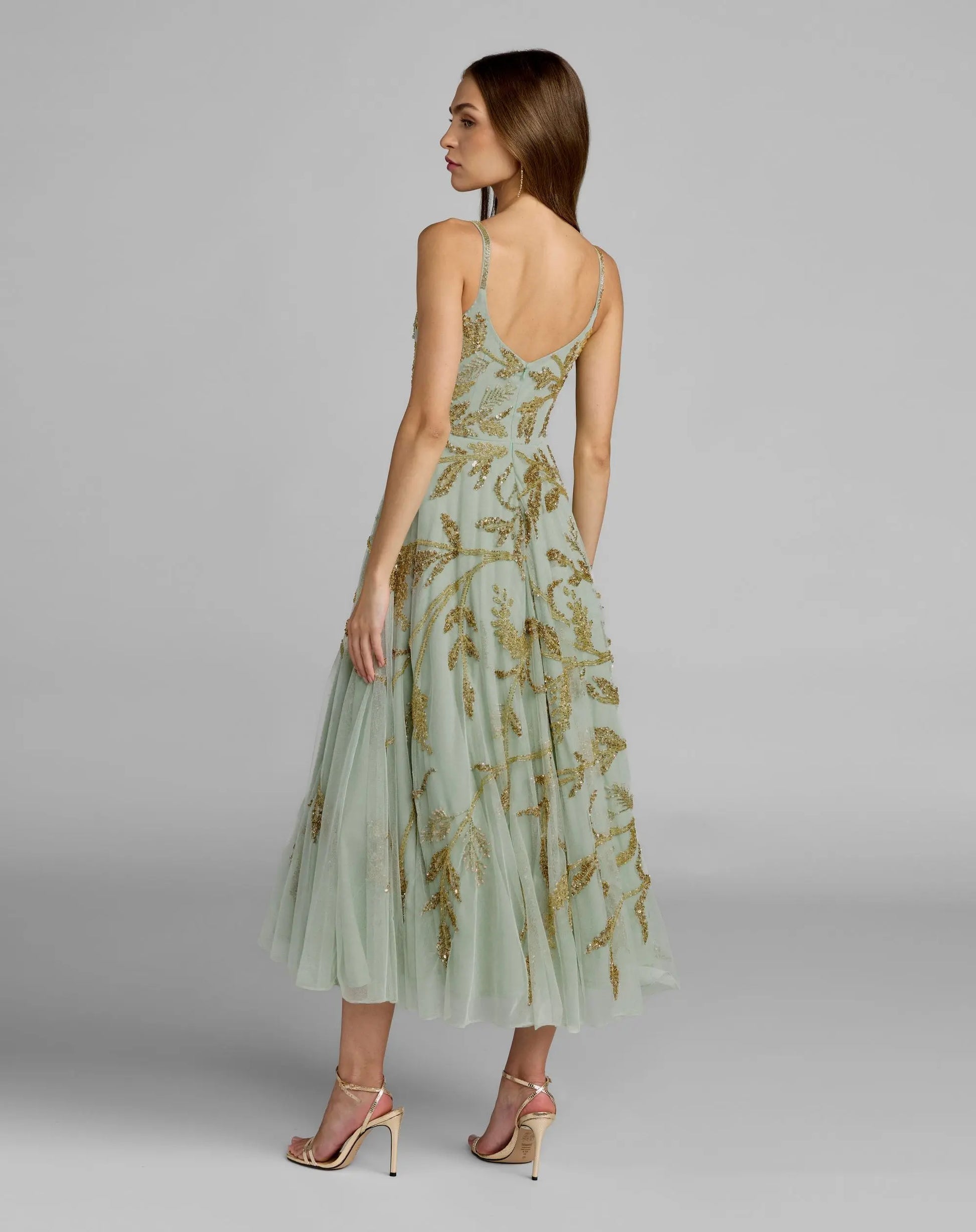 Green and Gold Floral Hand Beaded Midi Dress Mac Duggal