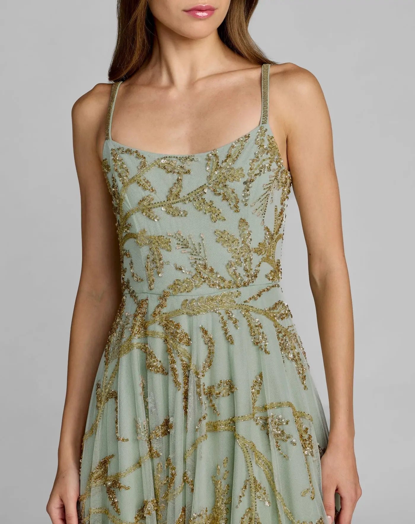 sleeveless hand beaded floral midi dress Mac Duggal Women's Spaghetti Strap Floral Hand Beaded Midi Dress - Green - Size 14