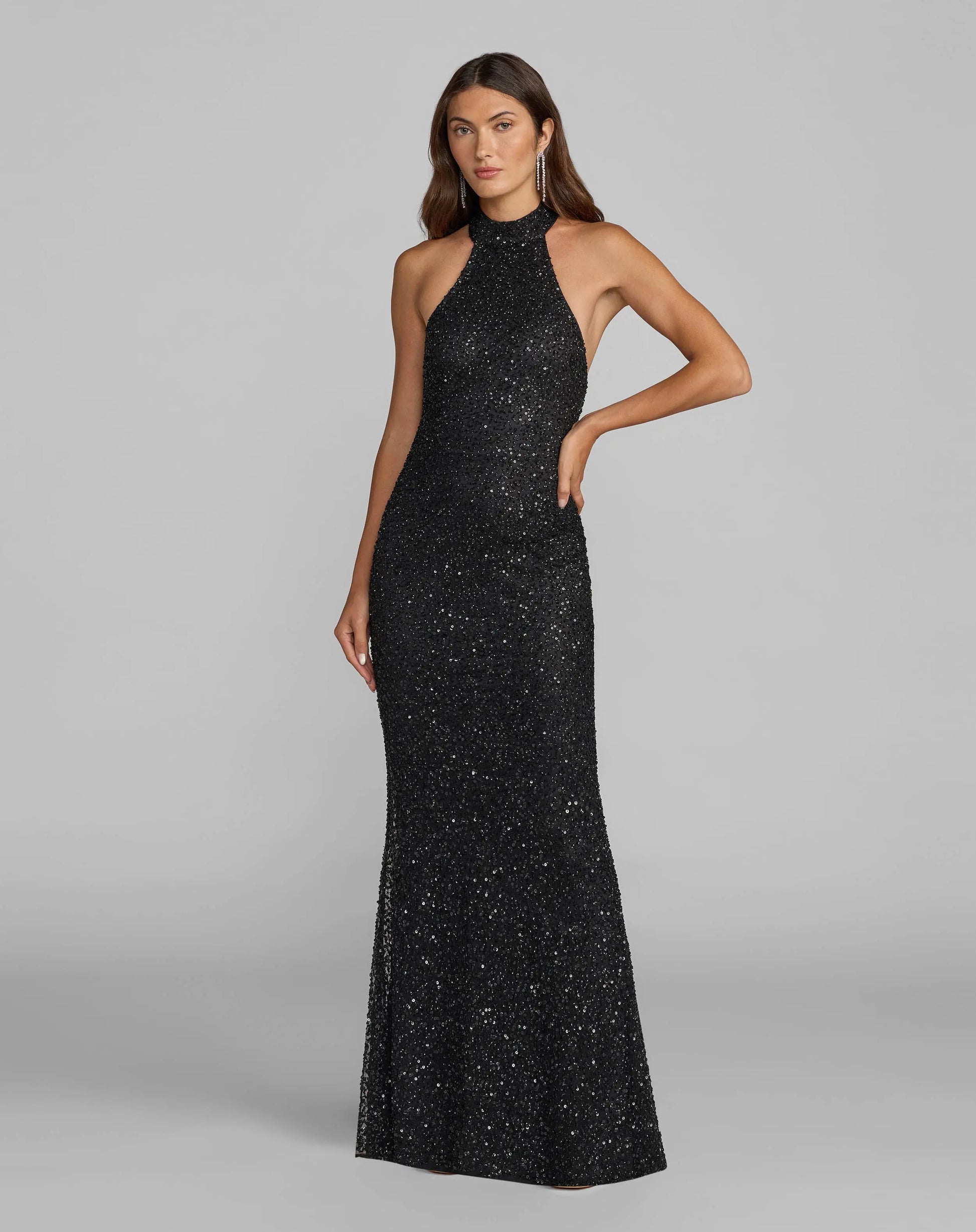 Black Embellished Halter Neck Open Back Column Gown | Mac Duggal Black Embellished Halter Neck Open Back Column Gown | Mac Duggal