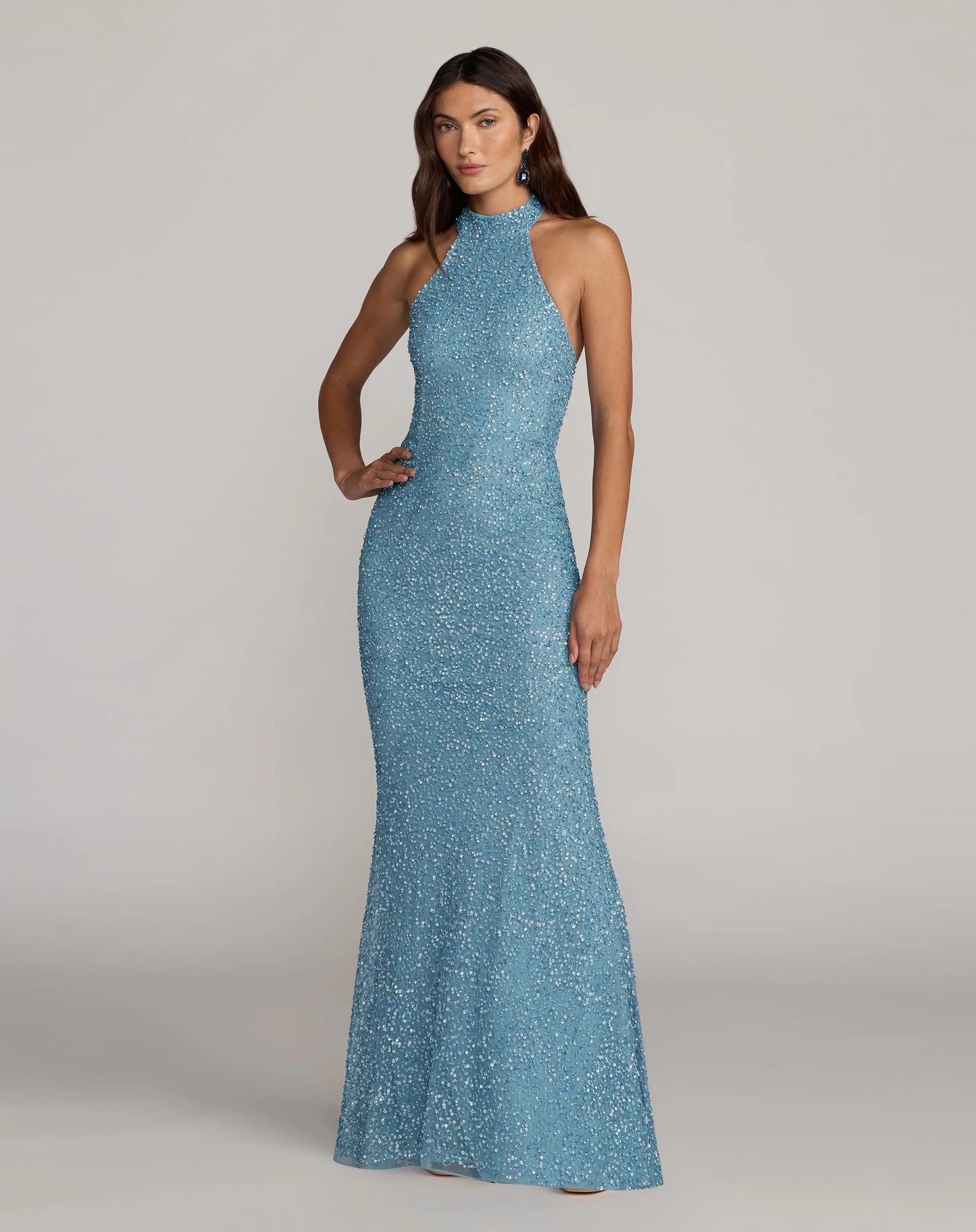 Blue Embellished Halter Neck Open Back Column Gown - Mac Duggal