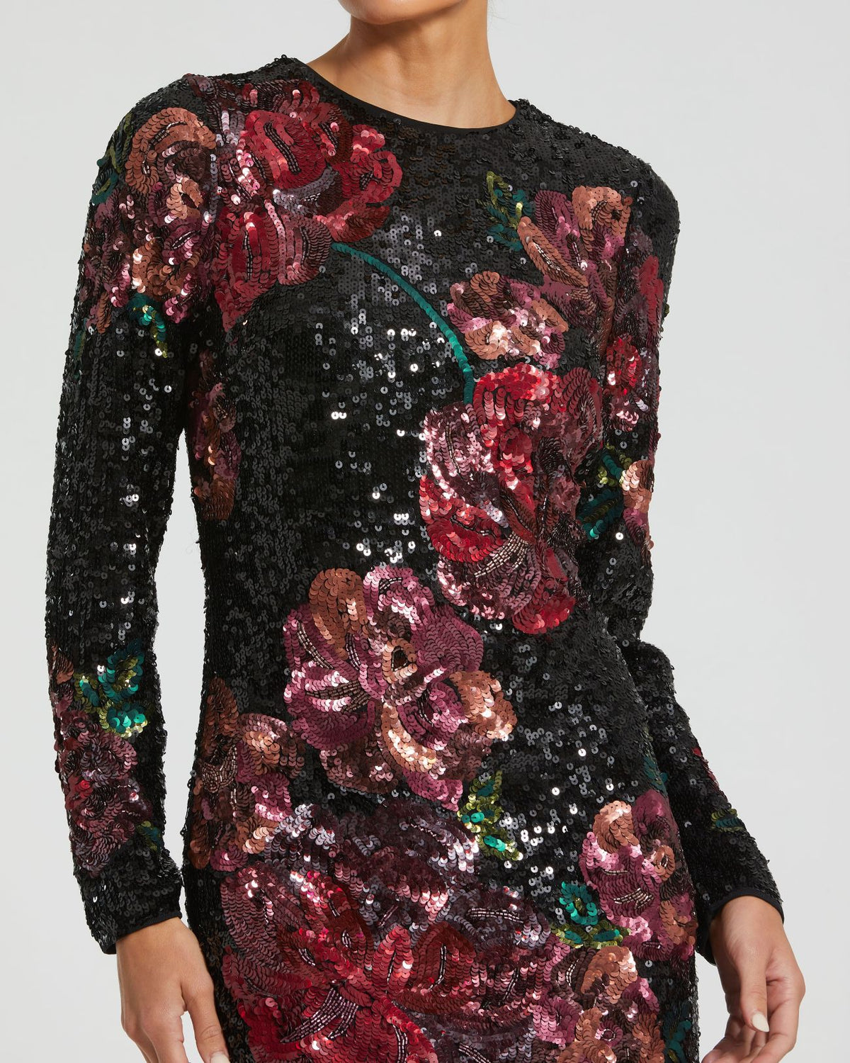 Black Multi Floral Sequin Embellished Mini Dress - Mac Duggal