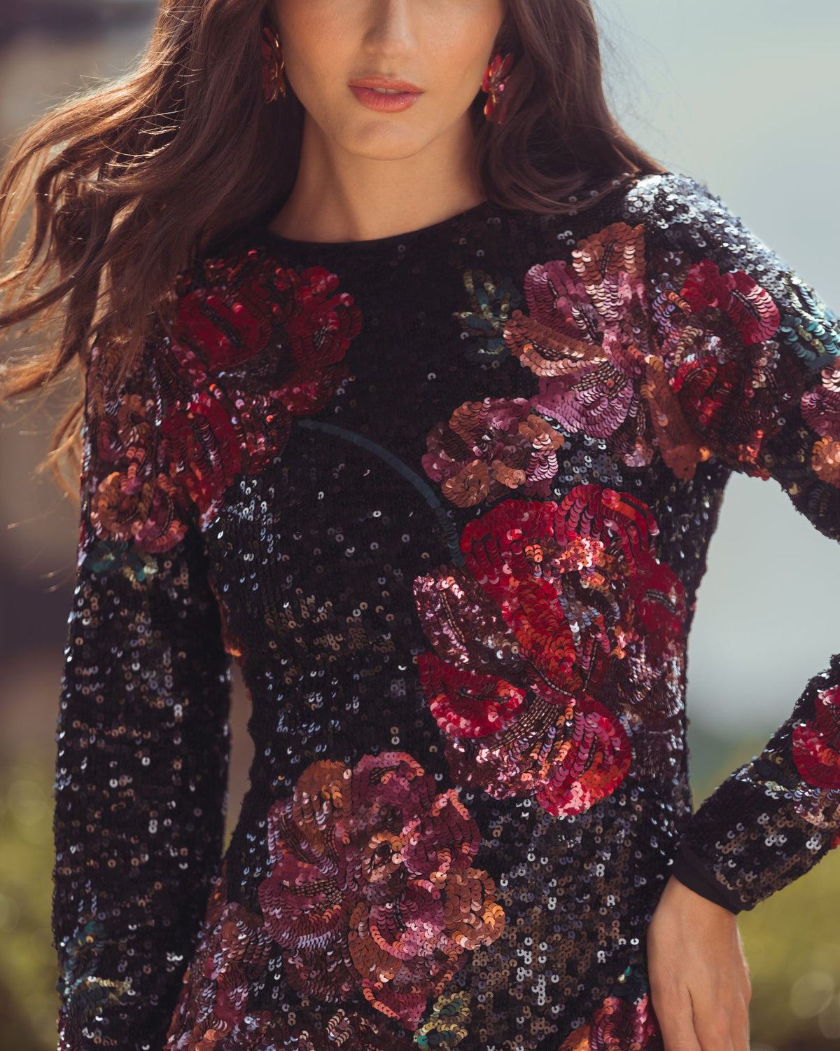 Black Multi Floral Sequin Embellished Mini Dress - Mac Duggal