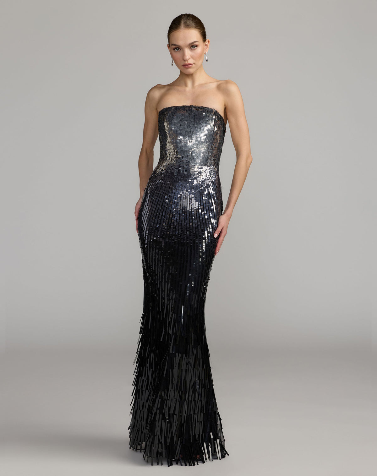 Silver and Black Ombre Sequin Strapless Fringe Gown - Mac Duggal