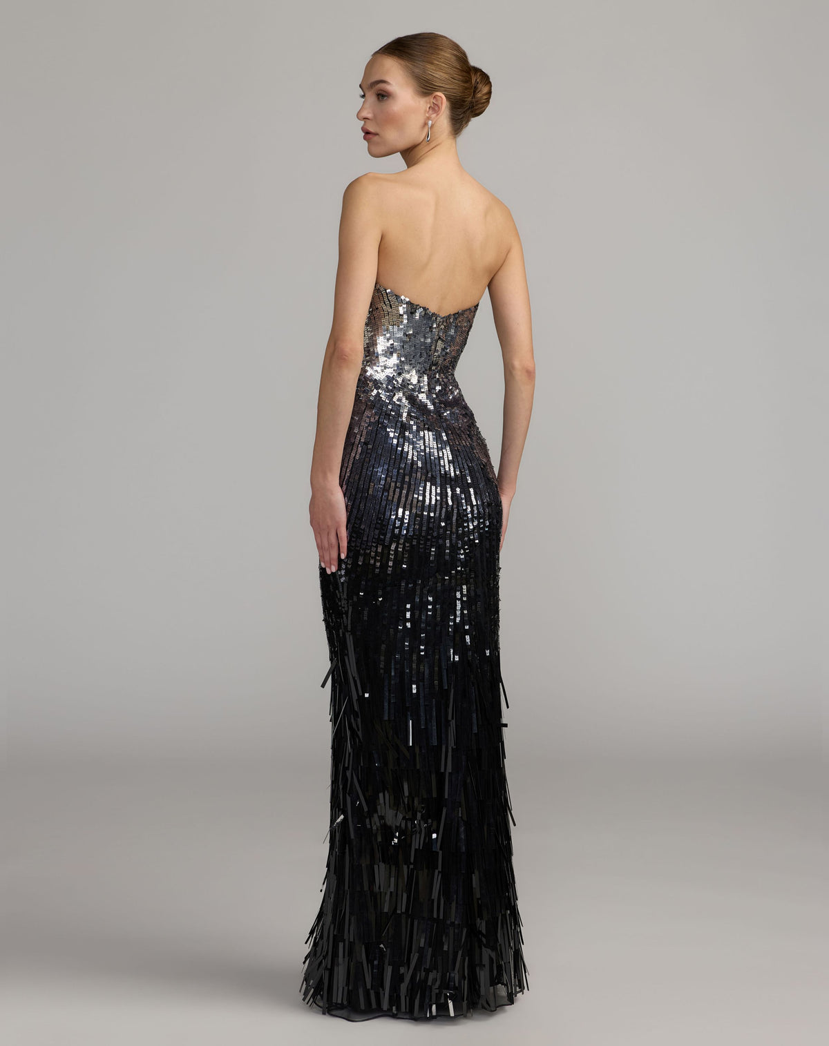 Silver and Black Ombre Sequin Strapless Fringe Gown - Mac Duggal