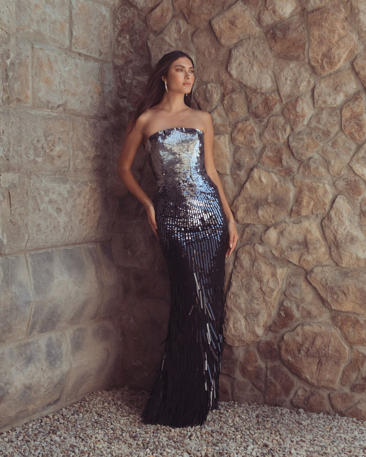 Silver and Black Ombre Sequin Strapless Fringe Gown - Mac Duggal