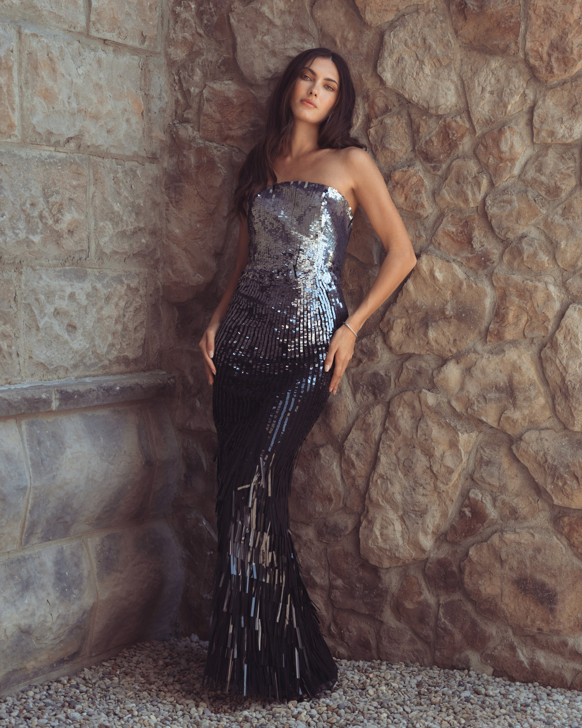 Silver and Black Ombre Sequin Strapless Fringe Gown - Mac Duggal
