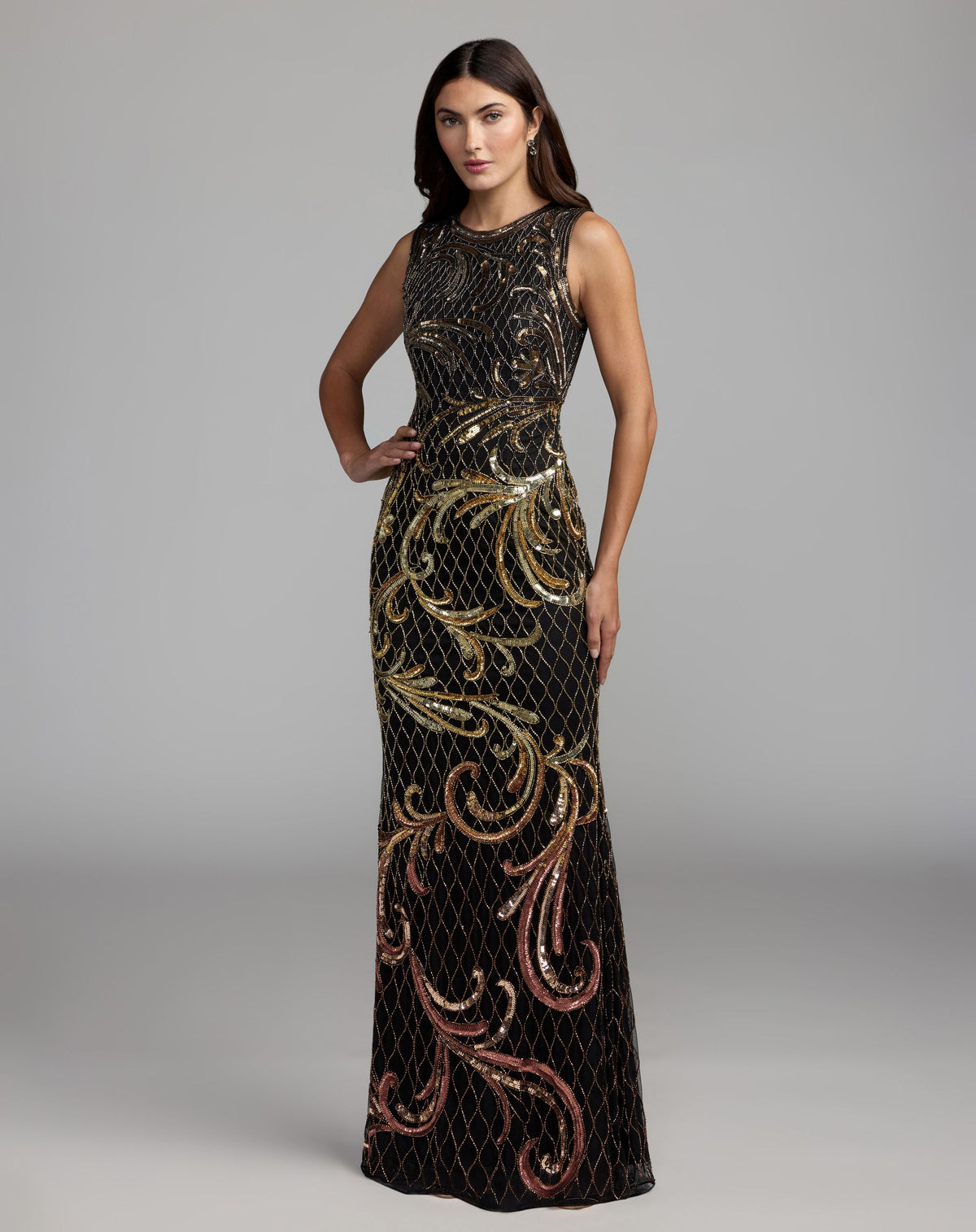 Black and Gold Beaded High Neck Column Gown - Mac Duggal